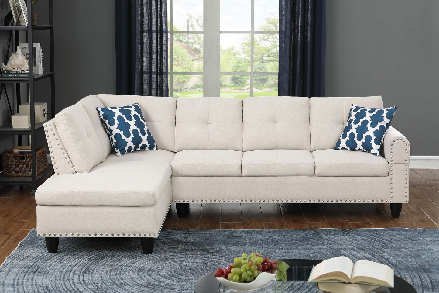 Ball & Cast 98" L Shaped Sectional Couch for Living Room with Coffee Table and Nailhead Trim,4 Seat Linen Upholstered Modular Sectional Sofa Set 2 PCS W/Chaise and Cup Holders,for Home,Office,Beige