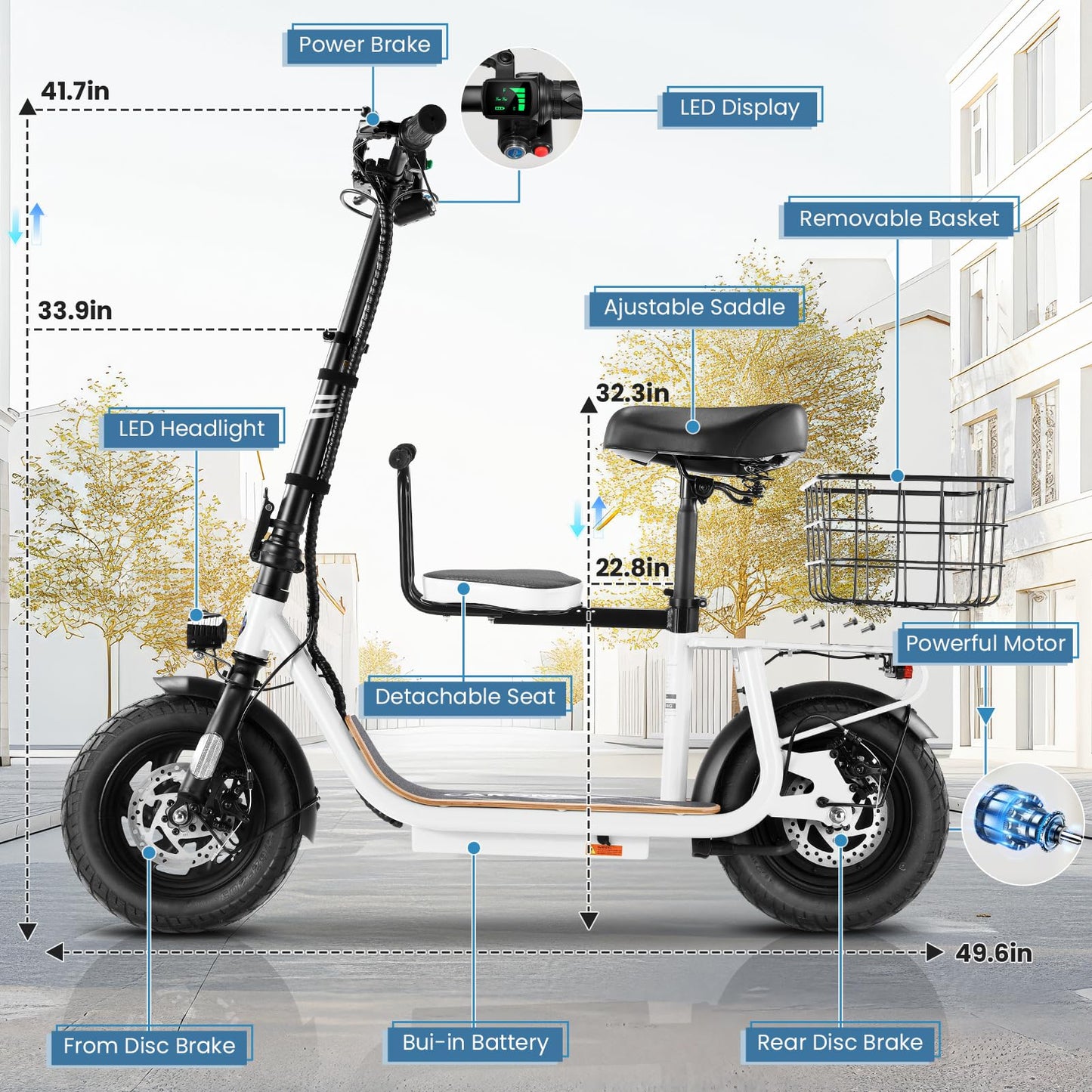 Caroma 1200W Peak Electric Scooter with Seat for Adults, 30 Miles Max Range Electric Scooter for Teens, 20mph Top Speed Foldable Commuter Ebike, Adjustable E-Scooters with Basket