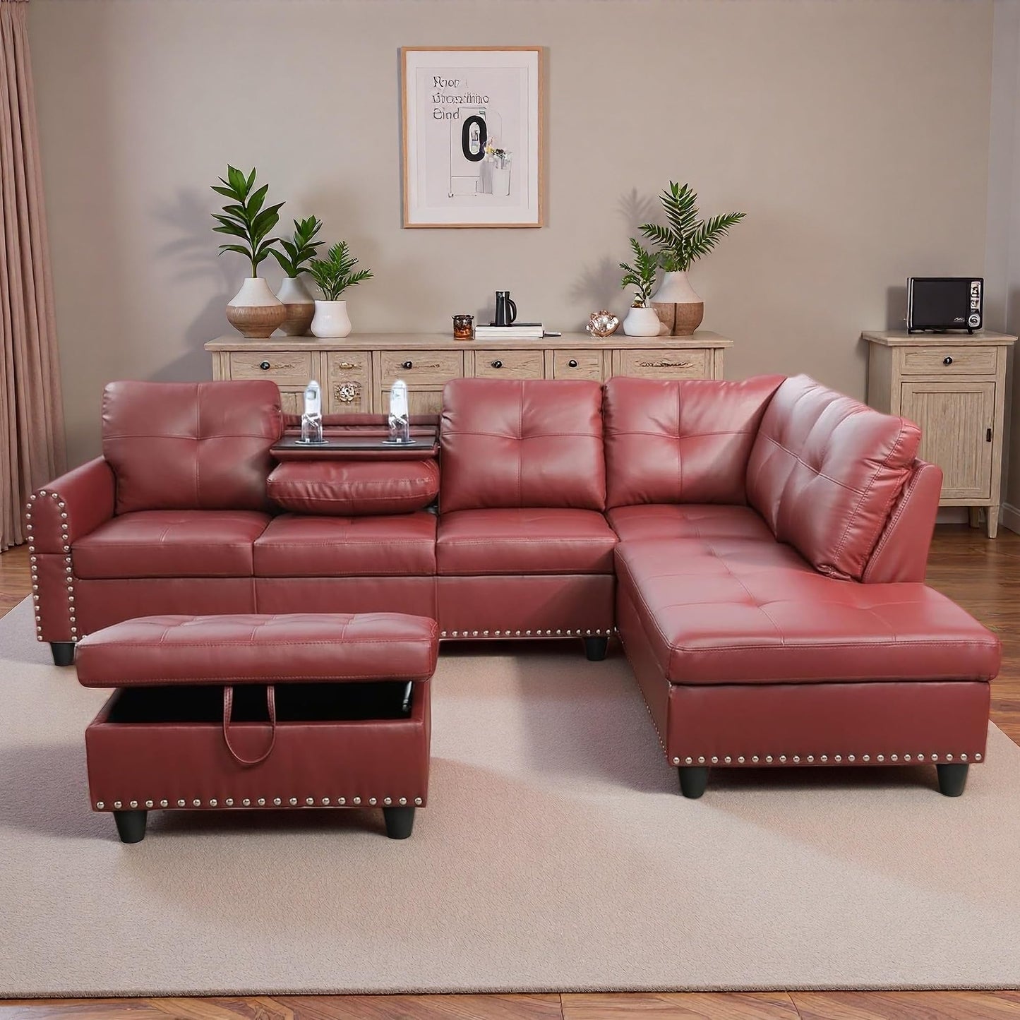 Topcomfy Red Sectional Couches for Living Room with Movable Chaise & Storage Ottoman - 97.5" Leather L Shaped Couches for Living Room Apartment, Home Modular Sectional Sofas with Cup Holder