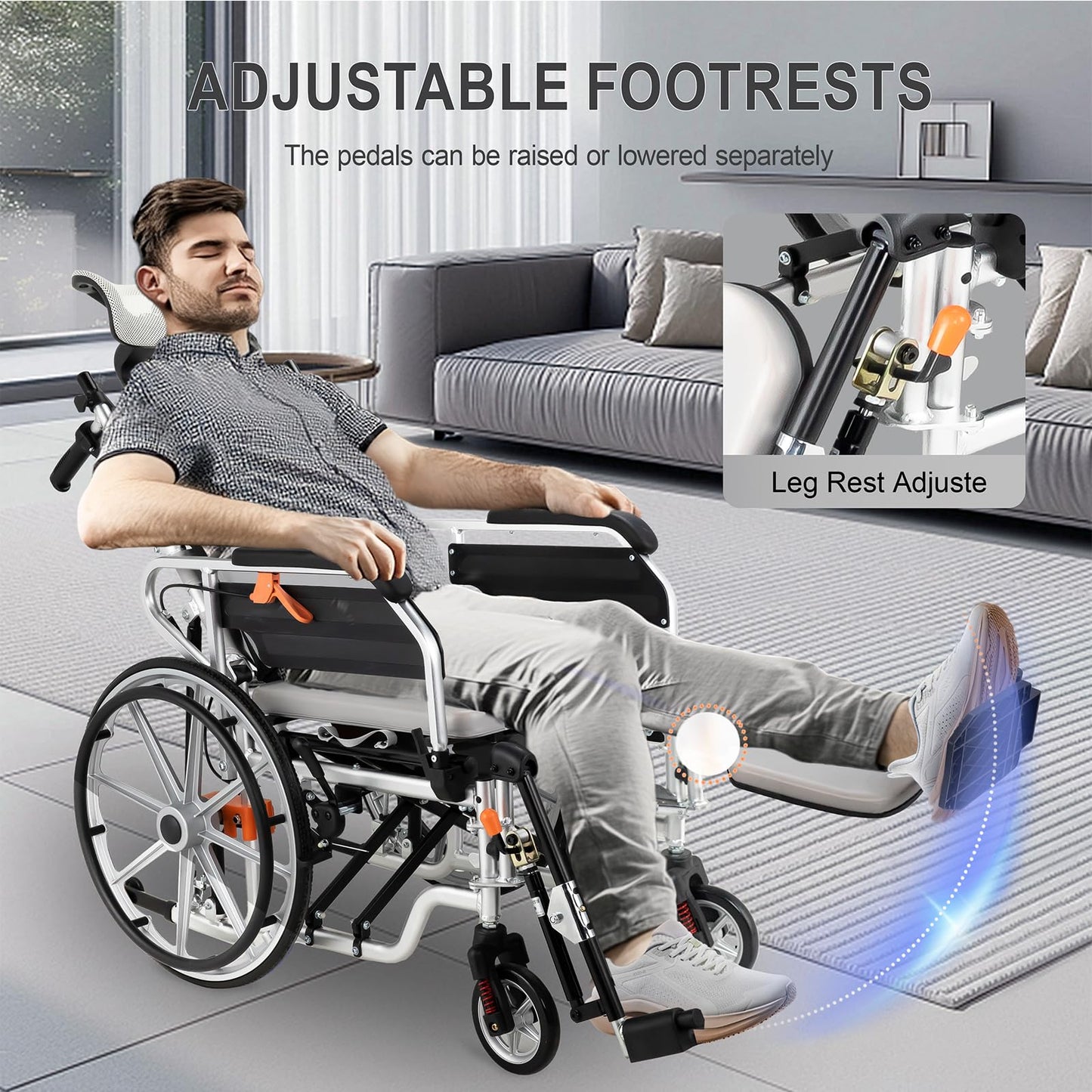 5-in-1 Reclining Wheelchairs, Waterproof Shower Bathroom Wheelchair, Elevating Leg Rests and Potty, 18.5" Wide Seat Heavy Duty Transport Wheelchairs for Adults, with Backpack& Removable Headrest