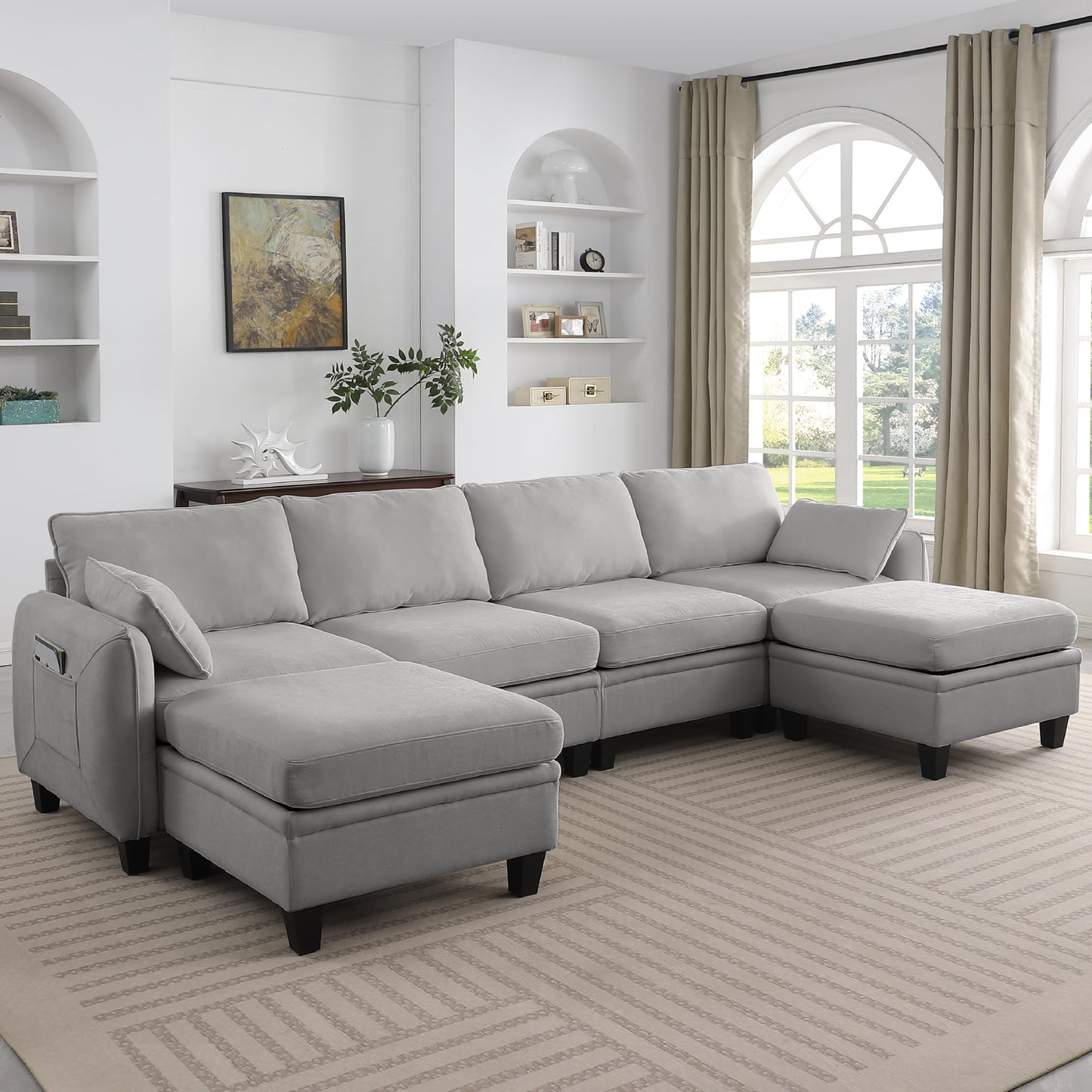 KEIKI 109 Inch Chenille Sectional Sofa Set, Modern U-Shaped Sleeper Cloud Couch with Storage Pockets & Ottoman, 6-Seater Modular Sofa Couches Bed for Apartment Living Room Lounge, Easy Assembly, Grey