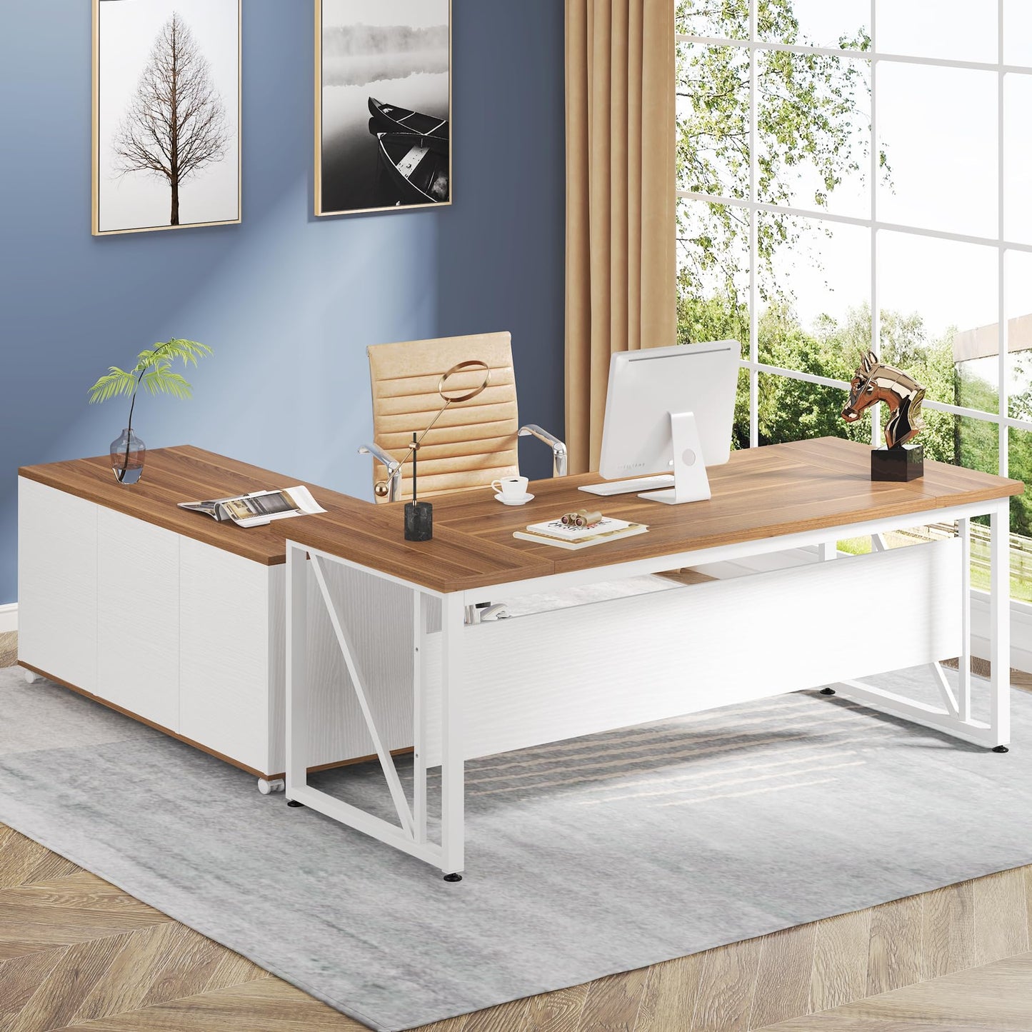 Tribesigns 63 inches Executive Desk and 47" lateral File Cabinet, L-Shaped Computer Desk Home Office Furniture Set with Drawers and Storage Shelves, Office Table with Cabinet (Walnut+White, 63)