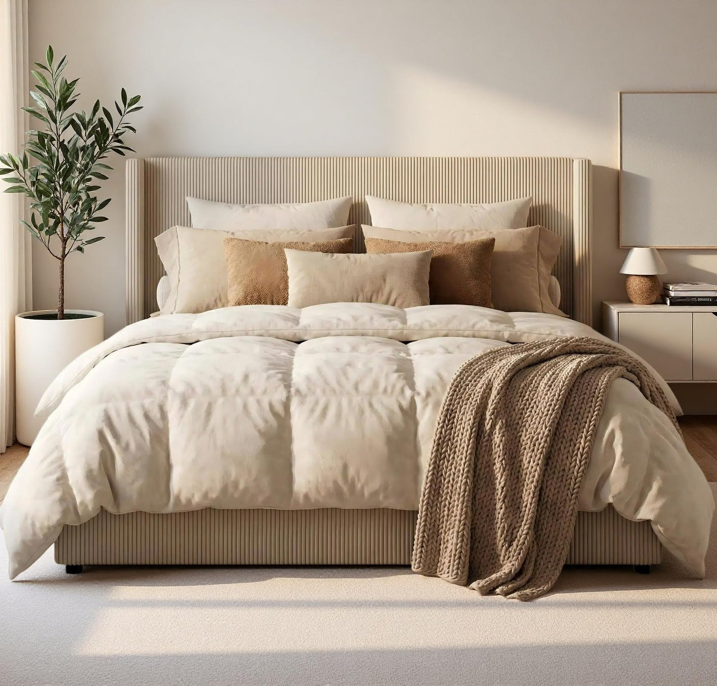 IDEALHOUSE King Size Bed Frame with Storage Drawers, Corduroy Upholstered Platform Bedframe with Wingback, Headboard and Footboard, No Box Spring Needed, Beige