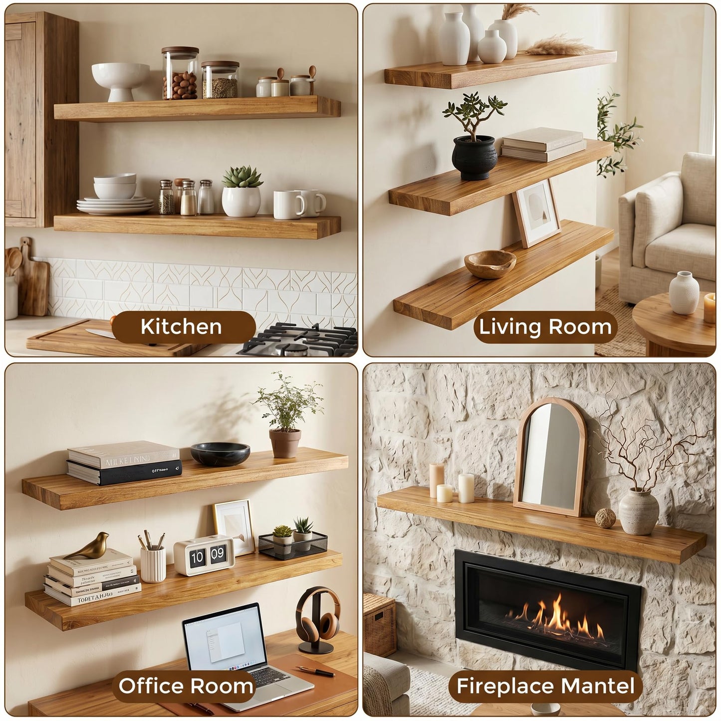 Dreamland 72 Inch Floating Shelves for Wall, Solid Elm Wood Wall Shelves for Living Room, Bedroom, Kitchen, Bathroom, Wall Mounted Long Floating Shelf Set of 1, Natural