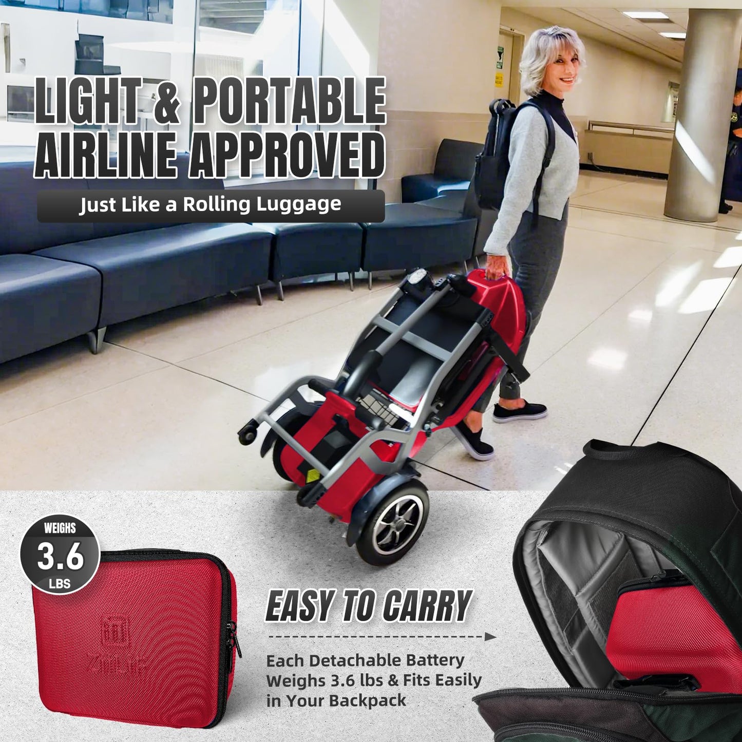 ZiiLIF R3b-Mobility Scooters for Seniors Adults Ultra Lightweight 37.5 Ibs Electric Powered Folding 4 Wheel Mobility Scooter with Cup Holder, Compact & Convenient for Travel Airline Approved, Red