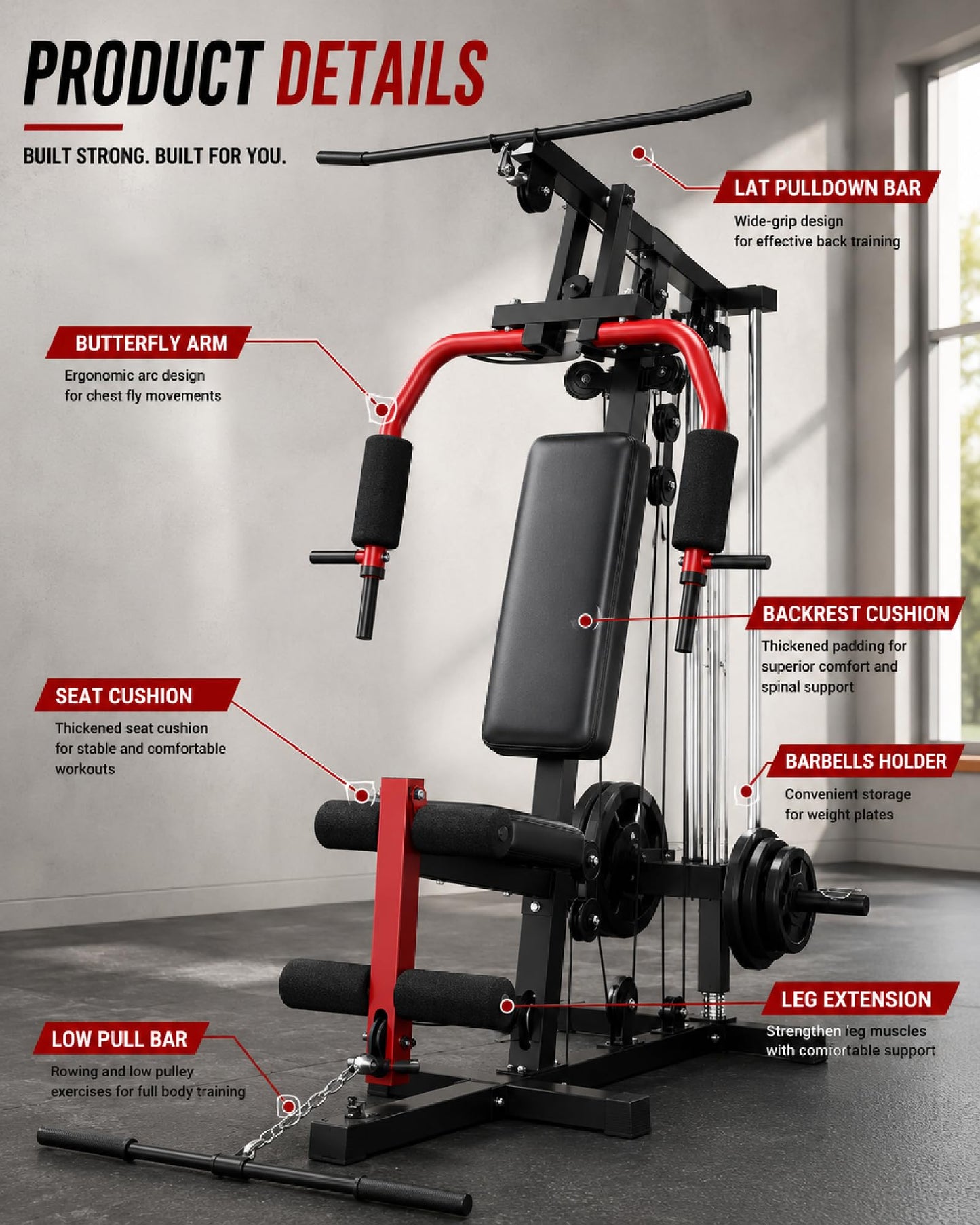 Home Gym Machine, Multifunctional Workout Equipment for Strength Training, Full Body Home Gym with Chest Press, LAT Pulldown, Leg Extension & Cable System