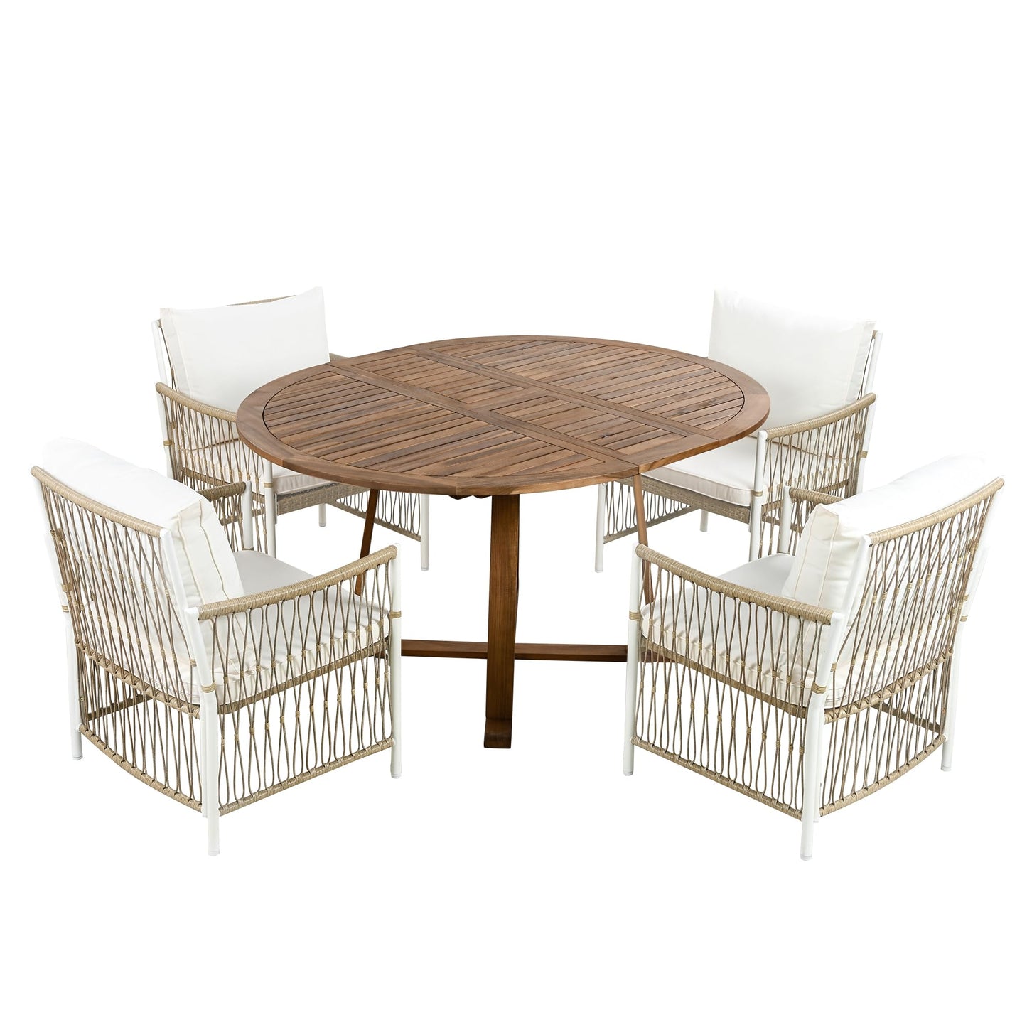 Merax 5 Piece Patio Dining Set, Outdoor Acacia Wood Extendable Round Table with 12 Inch Butterfly Leaf and 4 Rattan Arm Chairs w/Cousions & Pillows for Backyard,Balcony, Garden, Poolsid, Natural