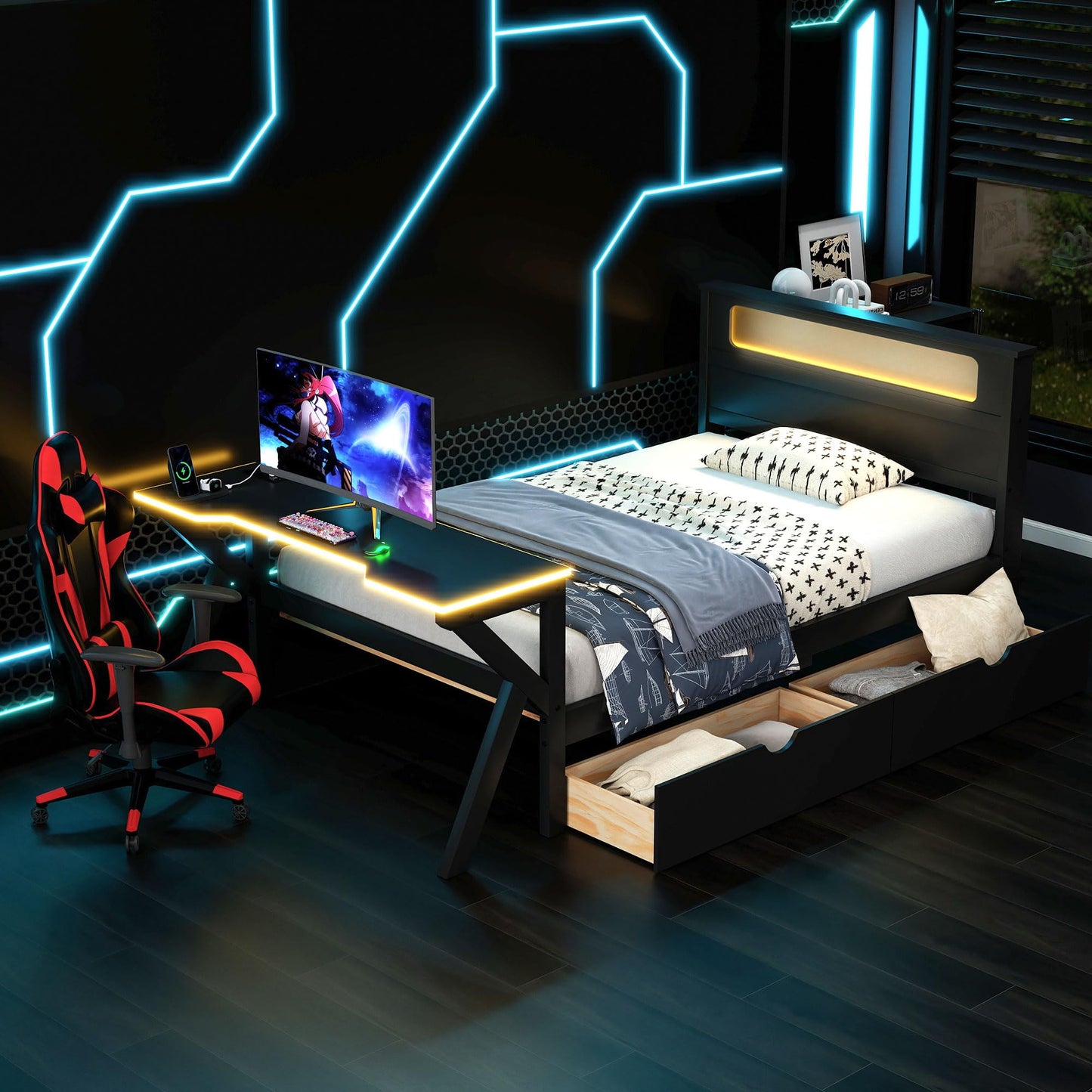 Merax Twin Size Gaming Platform Bed with LED Headboard and LED Desk, Wooden Corner Bed with USB and Two Storage Drawers
