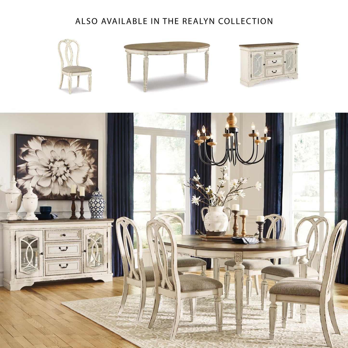 Signature Design by Ashley Realyn Oval Dining Room Extension Table, Seats 6, Antiqued 2-tone Finish, Wood, Distressed White