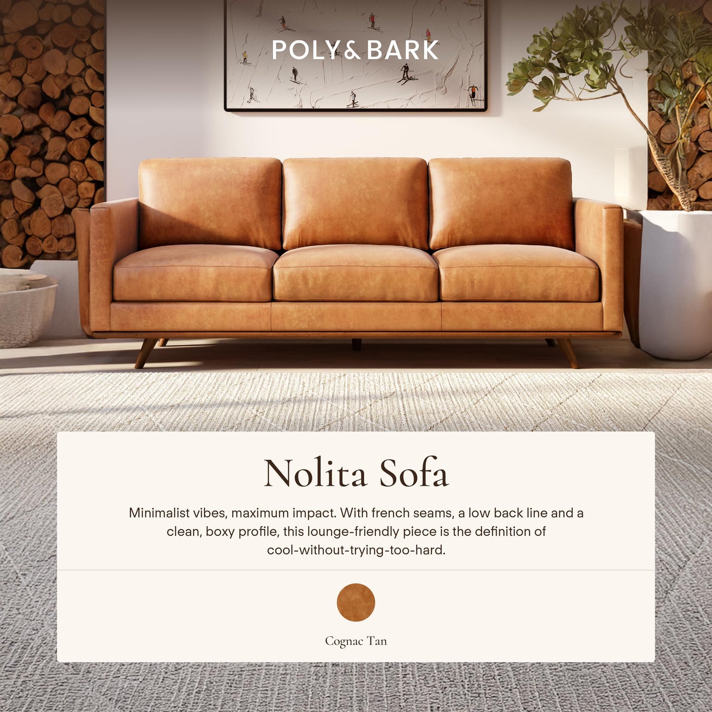 POLY & BARK Nolita 85” Leather Sofa – Full-Grain Italian Aniline Leather, Feather-Down Comfort, Solid Wood Base – Cognac Tan