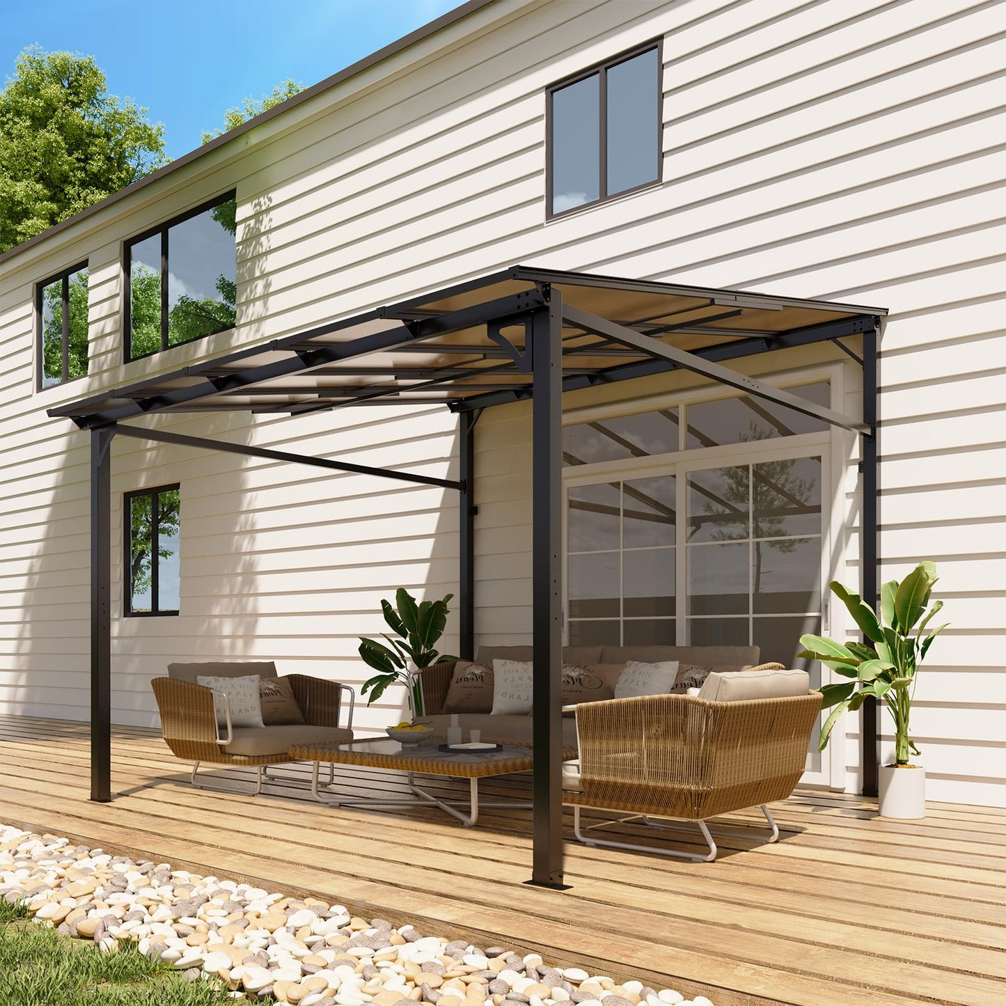 Hetoy 10 x 10 FT Wall Mounted Gazebo Pergola for Patio, Hardtop Gazebo with Sloped Polycarbonate Roof, Lean to Carport with 4-Pillar Aluminum Frame, Outdoor Garden Deck Shade for Decks, Backyard