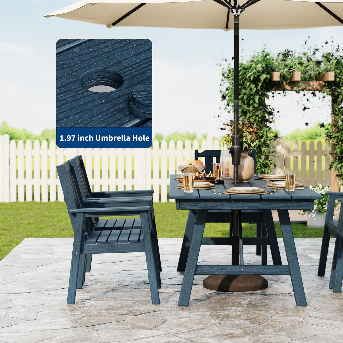 Garvee Outdoor Patio Dining Table Set for 6, 7 Piece Outdoor HDPE Dining Furniture Set with Umbrella Hole, Aluminum Frame, All-Weather Garden Table and 6 Chairs for Backyard Poolside, Navy Blue