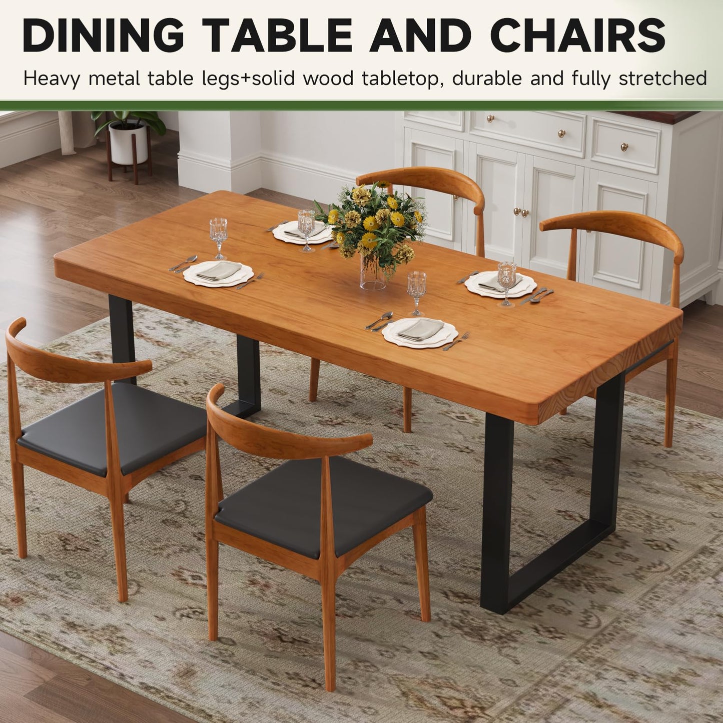 quanzhoulong Stylish Modern Minimalist Solid Wood Dining Table with Sturdy Metal Base – Easy Assembly, Versatile Design for Dining Rooms, Living Rooms, and Offices