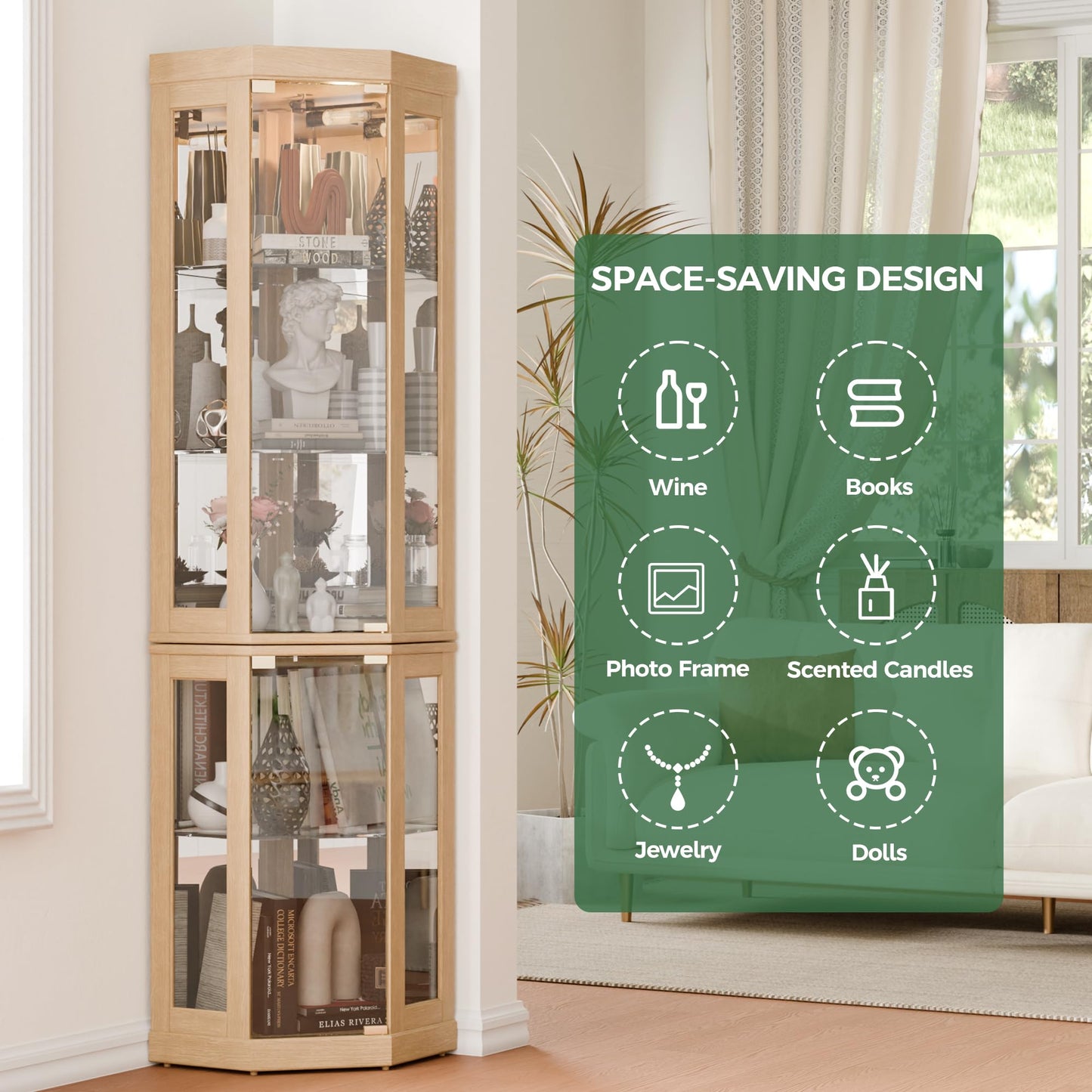 Trygoal 70" H Lighted Glass Display Cabinet, 3-Side Corner Curio Cabinet with Tempered Glass Doors, Elegant China Cabinet Dis, Accent Cabinet with Adjustable Shelves for Living Room, Light Oak