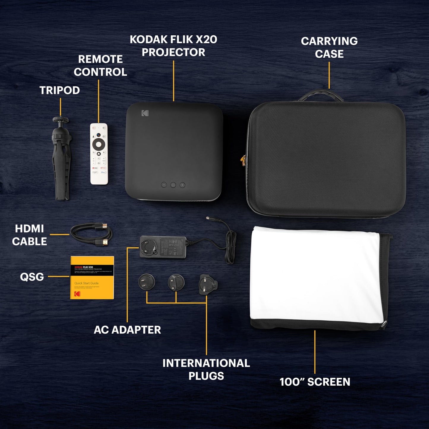 KODAK Flik X20 1080p Smart Projector - 1080p, 300 ANSI Lumens - Portable Projector with Wi-Fi, Bluetooth, ATV Dongle & Android TV 12 - Auto-Focus & Keystone Correction with 100" Screen & Tripod