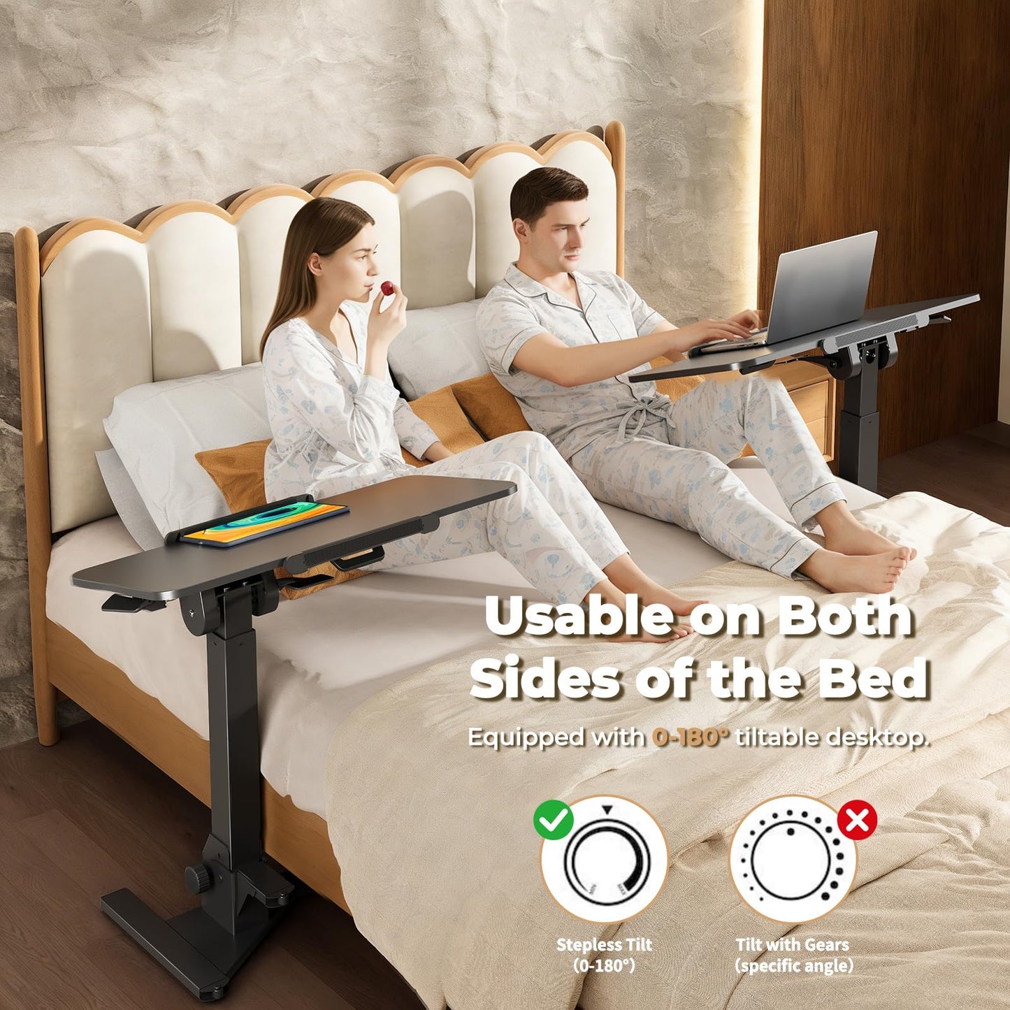 JOY worker Foldable Overbed Bedside Table, 180° Tiltable Mobile Standing Desk with Wheels, 31.5" Pneumatic Height Adjustable Rolling Laptop Desk for Home & Hospital Use, Easy Storage, Black