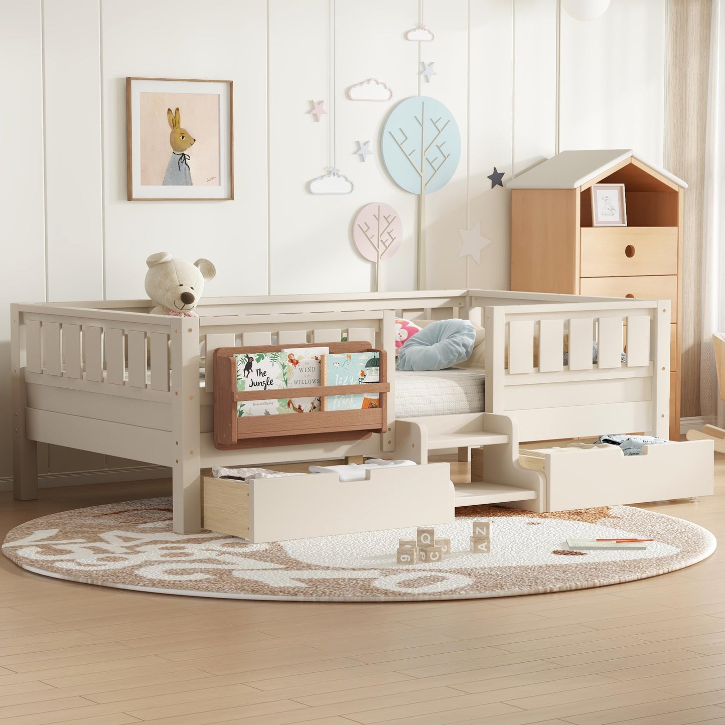 Bellemave Twin Bed with Slats and Stairs, Twin Size Platform Bed Frame with Fence, Bookshelf and Storage Drawers, Easy Assemble Beds for Kids, Girls, Boys, Beige