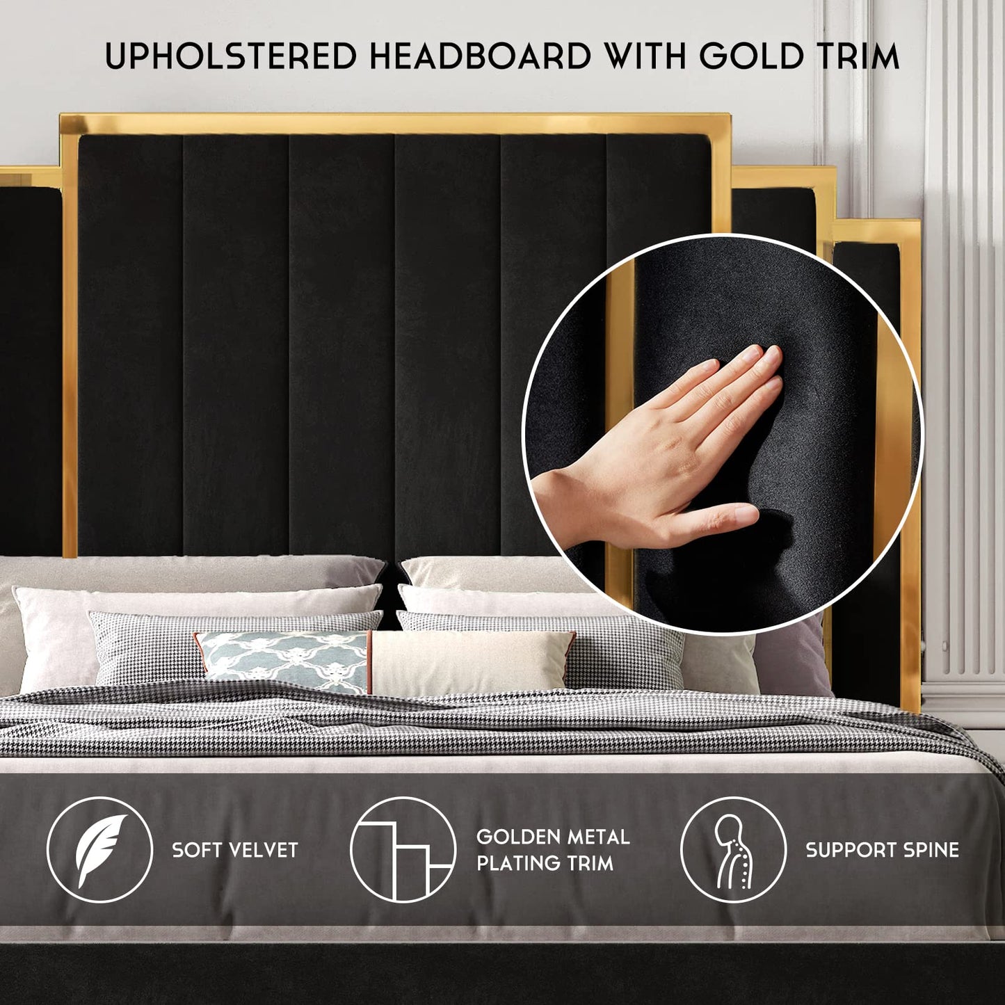 HOWE 61" King Size Upholstered Bed Frame with Golden Plating Trim, Black