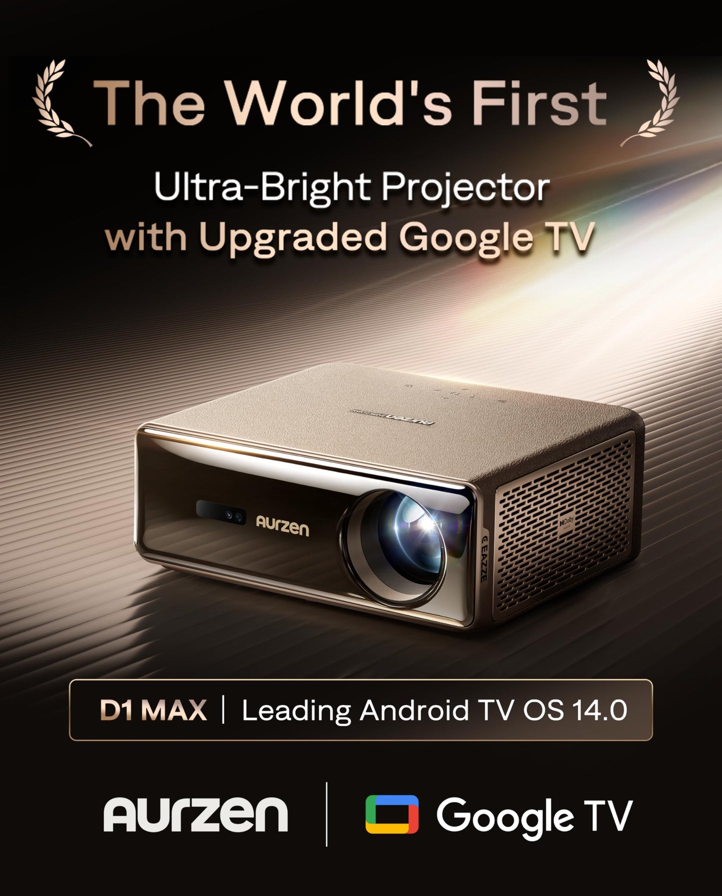 Aurzen EAZZE D1 MAX Google TV Smart Projector 4K Supported, Ultra-Bright 1000 ANSI Lumens, MEMC Tech, Fully Automatics, 20W DoIby Audio, Home Theater Movie Projector for Backyard Soccer Watch Party