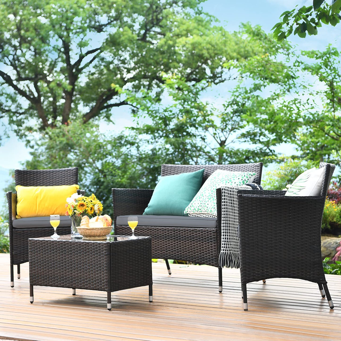 Tangkula 4 PCS Patio Rattan Conversation Set, Outdoor Wicker Furniture Set with Tempered Glass Coffee Table &Thick Cushion, Rattan Chair Wicker Set for Garden, Lawn, Poolside and Backyard (1, Gray)