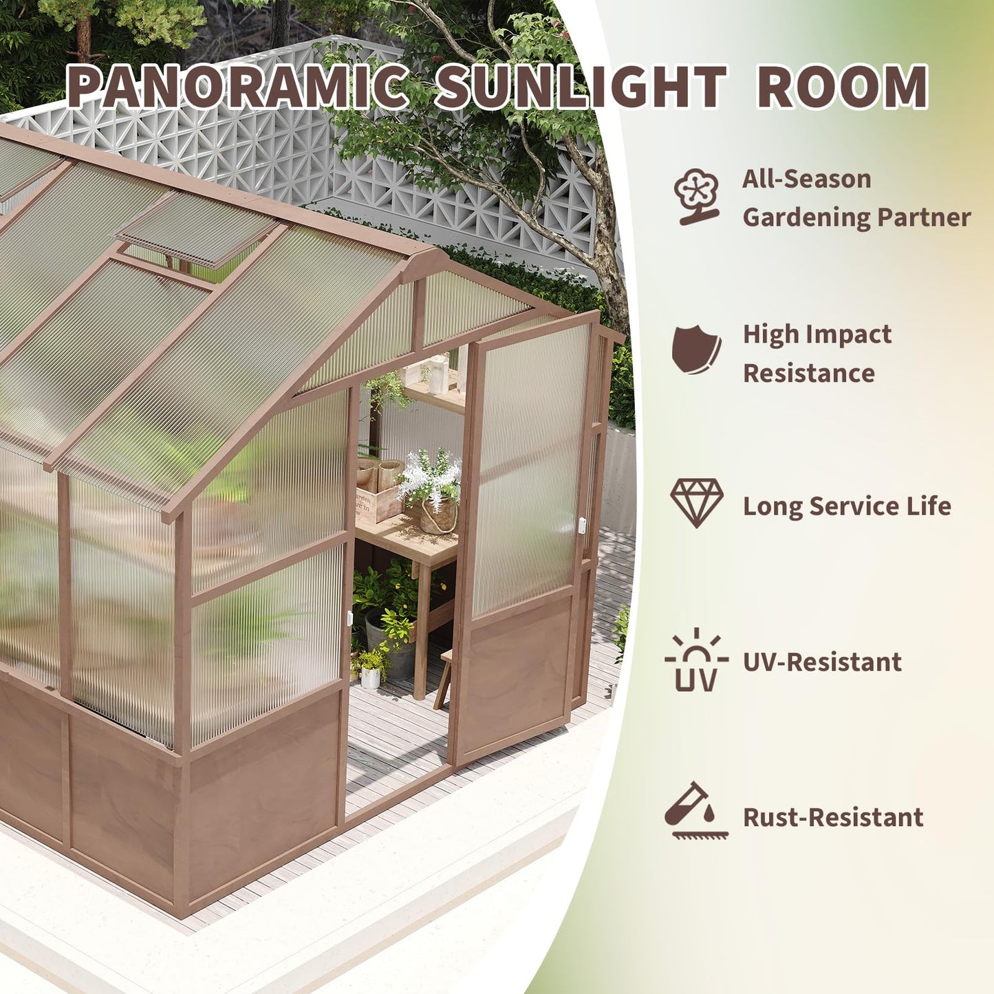 KEIKI 8x10 FT Greenhouse Outdoor, Thick Polycarbonate Greenhouses with Wood Frame, Walk-in Gardening Green House for Outside Patio Backyard, Lockable Door & Ajustable Roof Vent, Easy Assembly, Walnut