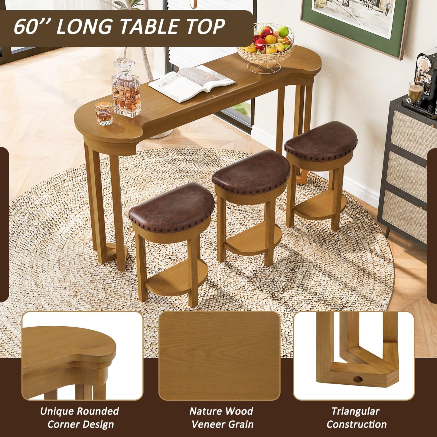 KEIKI 60" Solid Pine Wood Bar Table Set with 3 PU Stools Chairs, Long Bar High Top Dining Table & Upholstered Stools, Behind Couch Sofa Counter Height Pub Table for Breakfast, Kitchen Living Room
