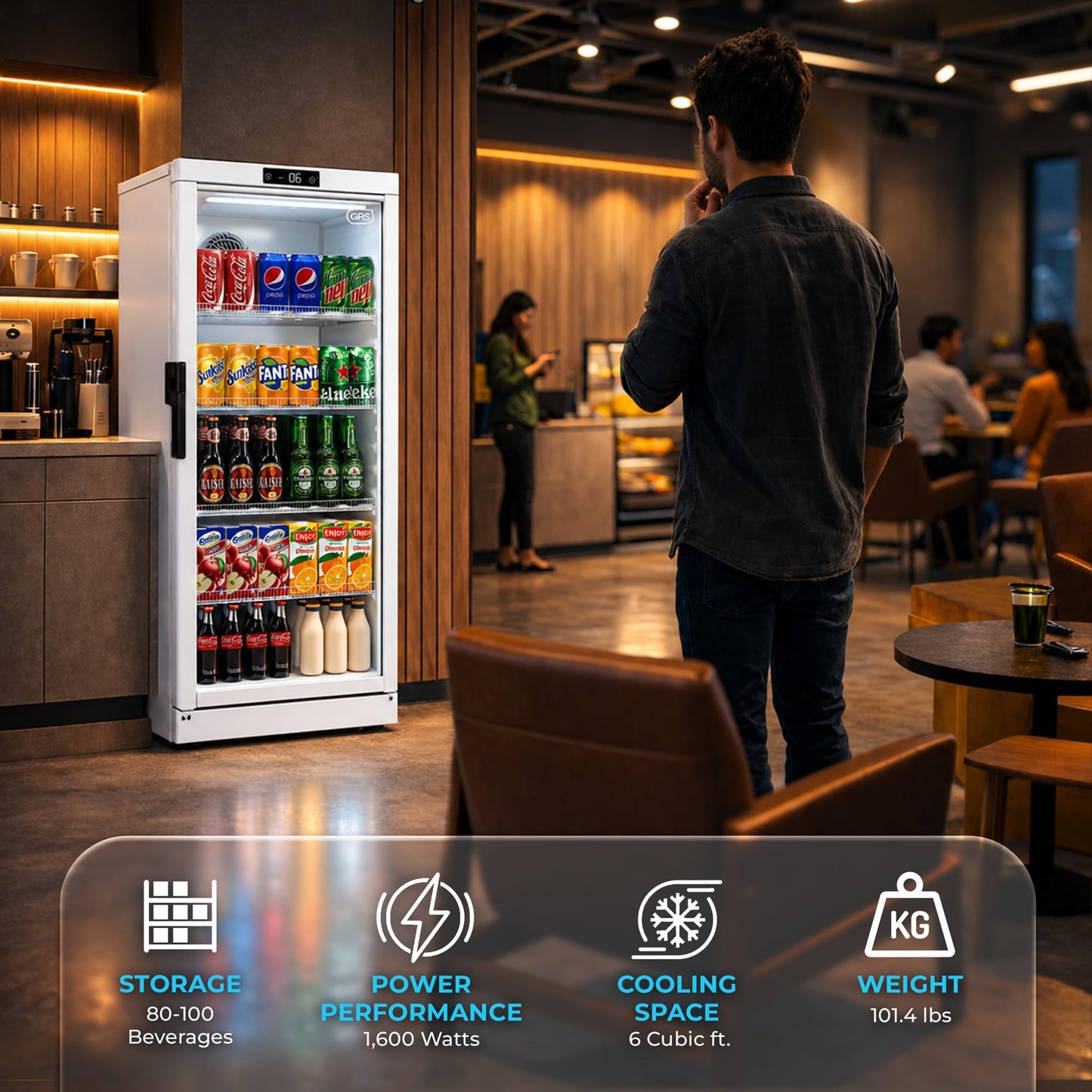 GRS Commercial Display Refrigerator with Glass Door Lock | Cool Air Flow & Temperature | Beverage fridge, Drink and Wine Cooler with Adjustable Display Shelf for Stores and Bars | Silver, 7.1 Cu. Ft