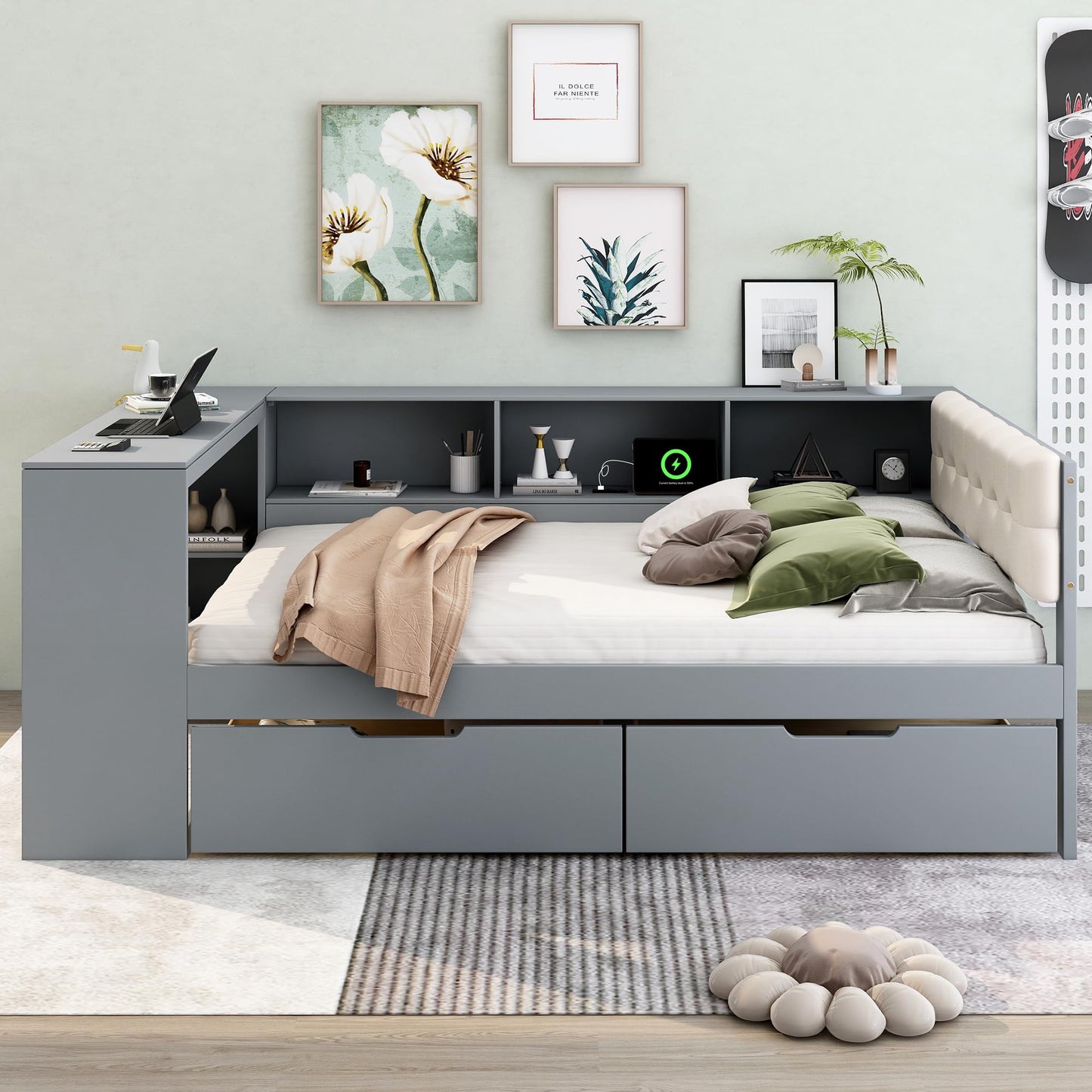 Ball & Cast Full Size Wood Daybed with Storage Shelves and Built-in Desk,Platform Bed w/Under-Bed Drawers & Charging Station,Upholstered Headboard,No Box Spring Needed,for Student Dorms,Gray