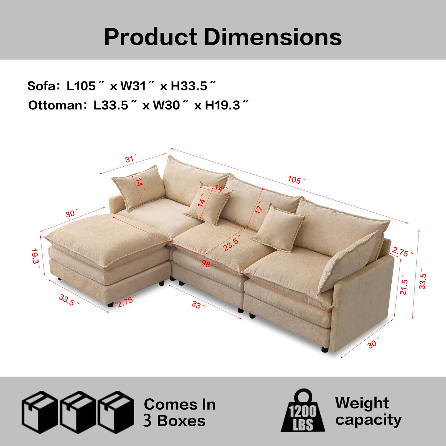 KEIKI 3 Seater Chenille Modular Sectional Couch Sofa with Ottoman, Double-Layer Seat Cushions & Back Cushions, Modern L-Shape Upholstered Cloud Soft Sofa Couches Chaise Lounge for Living Room