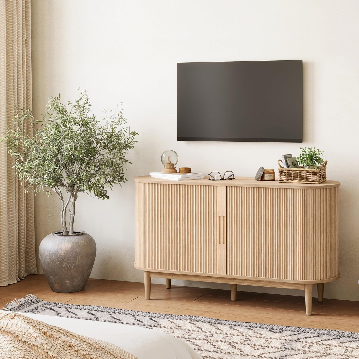 LINSY HOME Sideboard Buffet Cabinet with Storage, 55" Fluted Coffee Bar Cabinet with Tambour Sliding Doors and Drawer, Mid Century Modern Wood Storage Buffet Table for Kitchen, Living Room, Oak