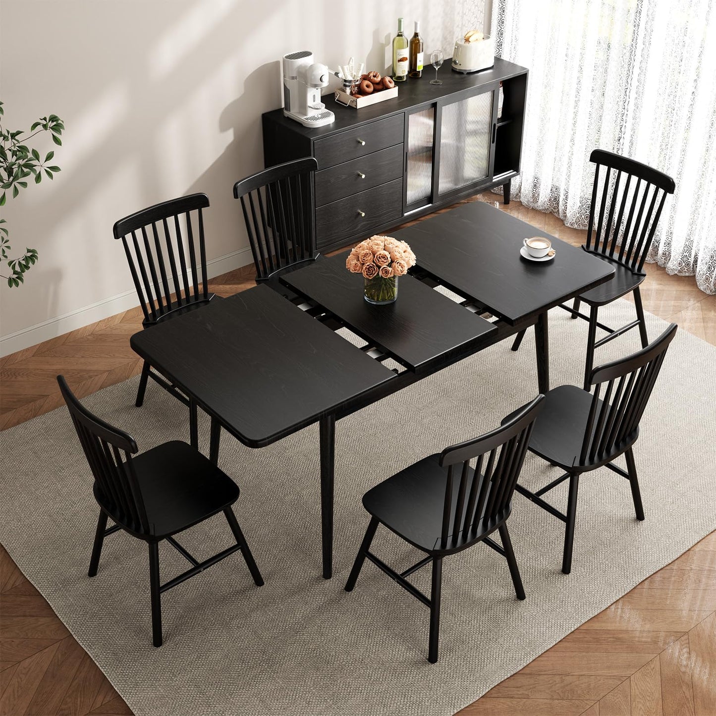 Muwuele Solid Wood Extendable Dining Table for 4-8 People with Seamless Extension from 47.2 to 63 Inches, Easy Assembly, Expandable Tables for Small Spaces, Dining Room, Kitchen, Living Room, Black