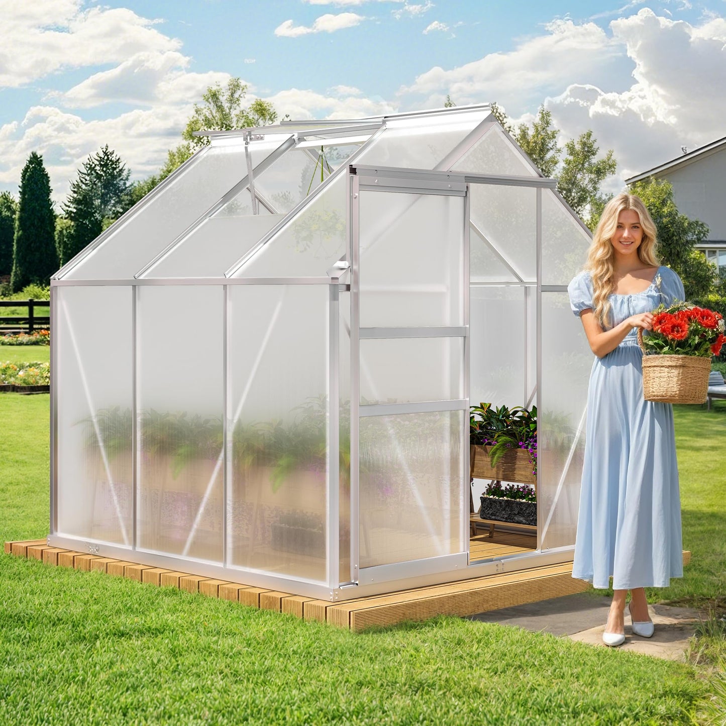 YITAHOME 6x6FT Polycarbonate Greenhouse Heavy Duty Green Houses Outdoor Greenhouses Aluminum Sliding Doors Vent Window Large Sun House for Garden Backyard, Silver