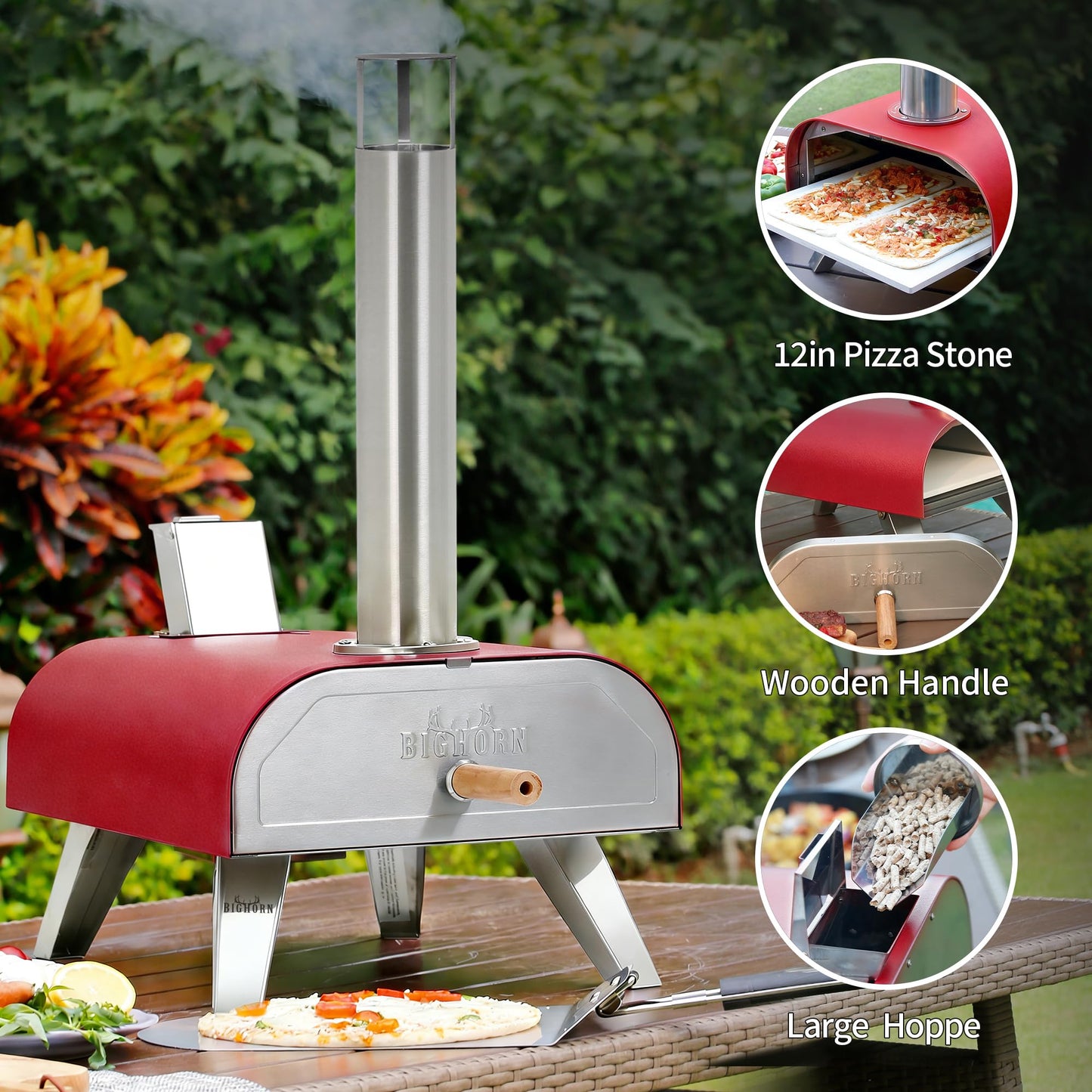BIG HORN 12" Multi-Fuel Outdoor Pizza Oven Reach up to 1110℉– 3-in-1 Wood,Gas &Electric Compatible (Burners Sold Separately),Pellet Pizza Oven Portable Pizza Maker for Backyard, Camping&Tailgating,Red