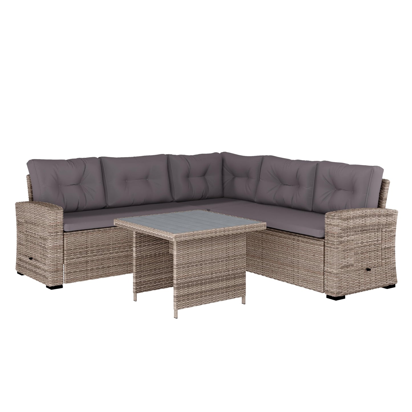 Flash Furniture Huck Wicker Rattan Conversation Set, Versatile Indoor/Outdoor Use, L-Shaped Sofa and Dining Table, Weather-Resistant Cushions, Gray