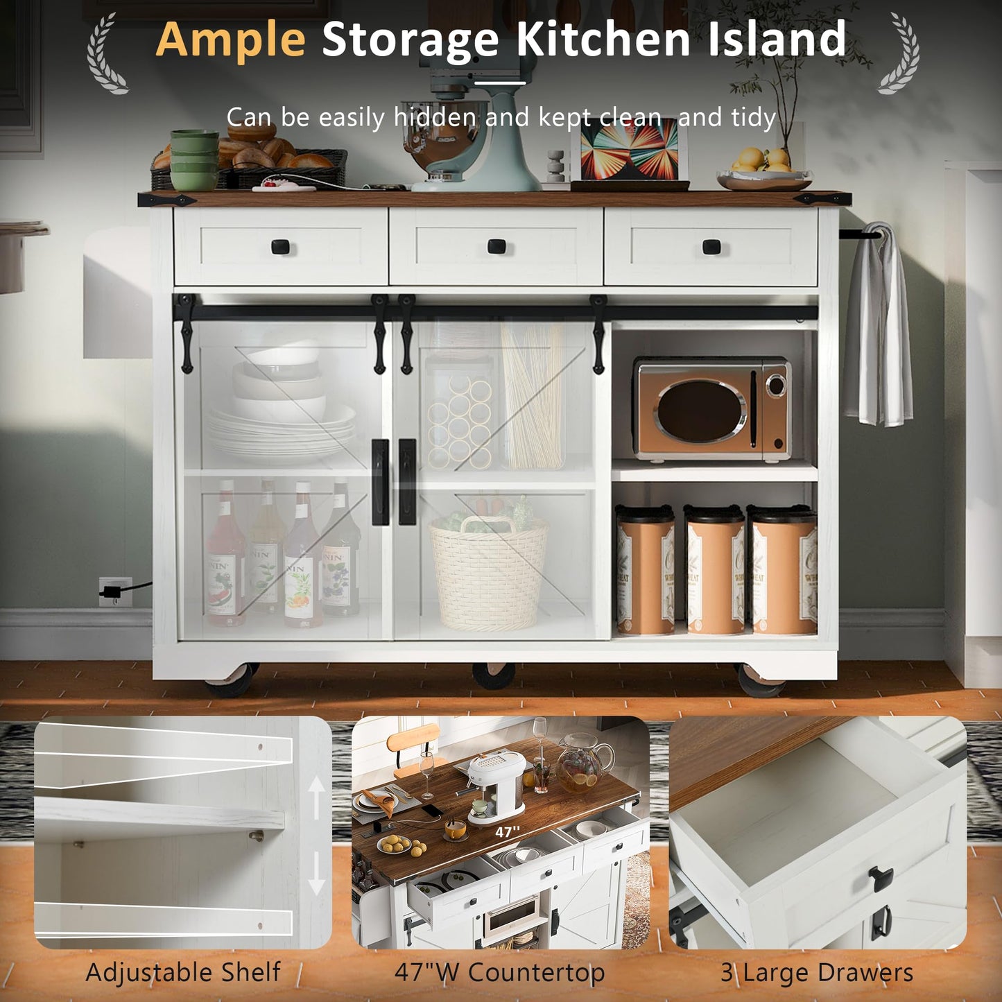 Merax 53.7" Kitchen Cart Island on Wheels with Power Outlet,Drop Leaf and 2 Sliding Barn Door,Farmhouse Style Storage Cabinet for Dining Room