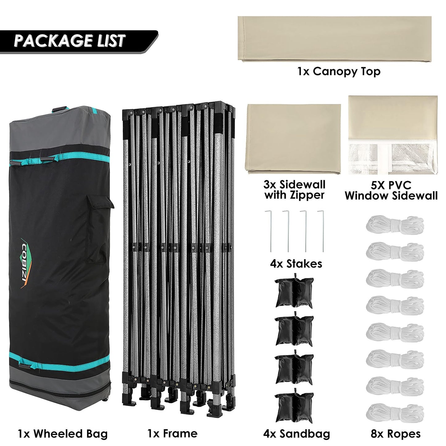 COBIZI 10x30 Pop up Canopy with 8 Removeable Sidewalls, Heavy Duty Party Tents for Parties, Events and Weddings, UPF 50+ Waterproof Commercial Tent with Roller Bag, Khaki (Windproof Upgraded)