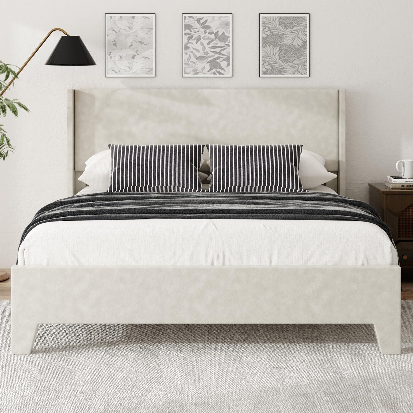 viplov Queen Bed Frame with Faux Leather Upholstered Headboard, Wear-Resistant, Easy Clean, Mattress Foundation, No Box Spring Required, Easy Assembly, Beige