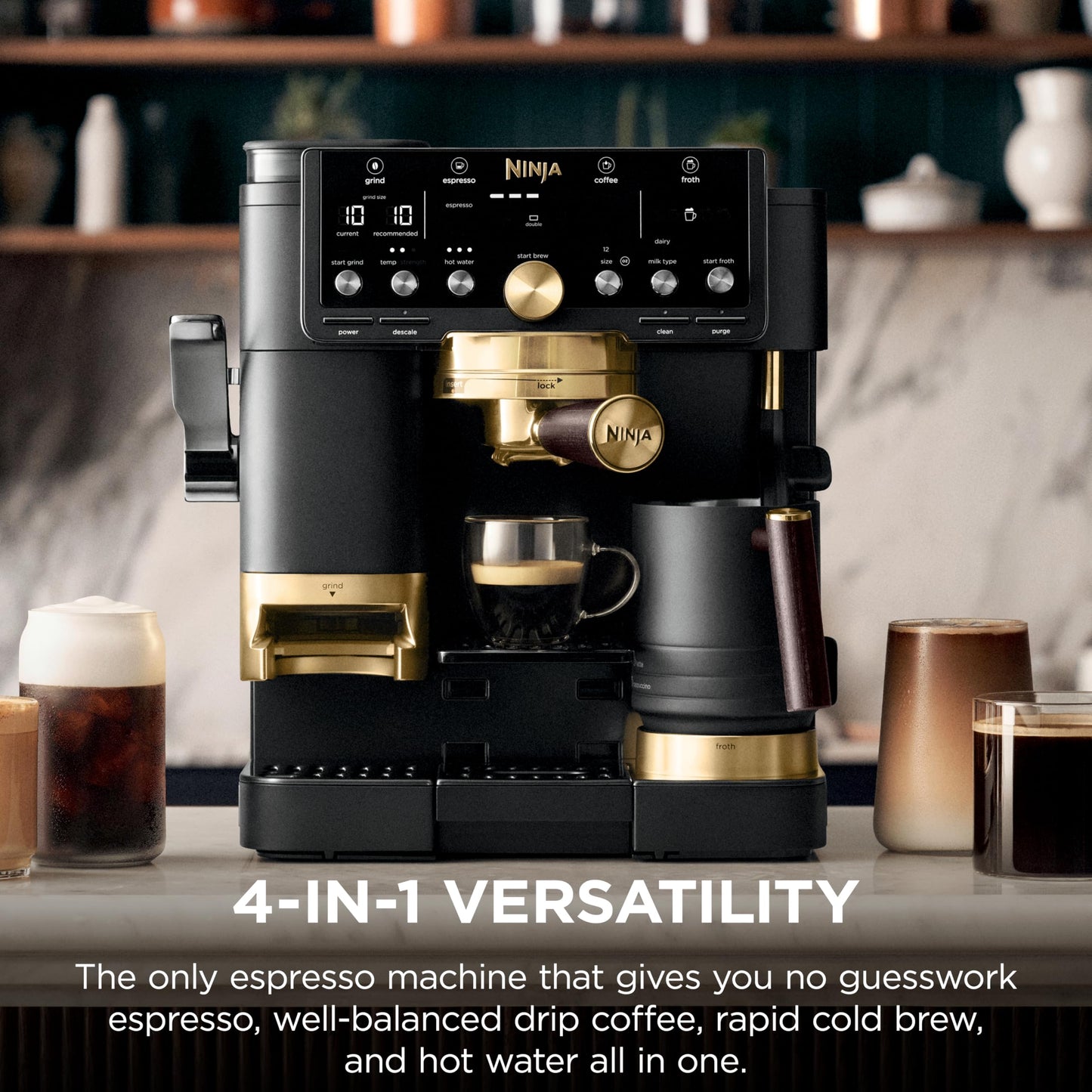 Ninja Luxe™ Café Pro designed by David Beckham, Espresso Machine, Drip Coffee, Cold Brew, Hot Water, Integrated Tamper, Built-in Grinder, Hands-Free Frother for Lattes & More, Black/Gold, ES771BK