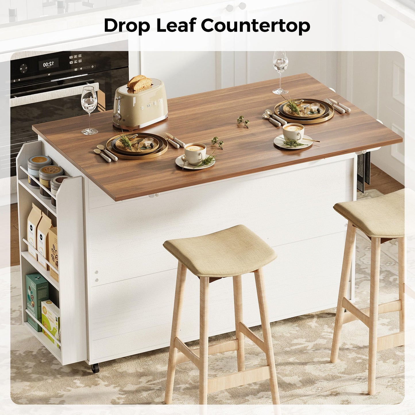 IRONCK Kitchen Island with Storage, Rolling Kitchen Island Cart with Drop Leaf Countertop and Pull-Out Shelf, Barn Doors, for Dining Room, Home Bar, White