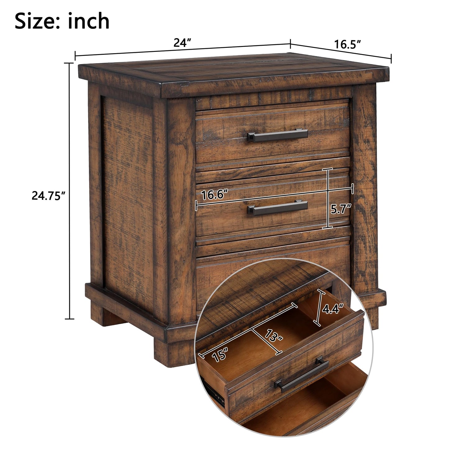 Henf Rustic Brown Nightstand with 3 Drawers,Full Assembly Storage Wood Cabinet with Metal Handle,Drawer Chest End Table for Living Room, Bedside Table Organizer with Solid Wood Frame for Bedroom