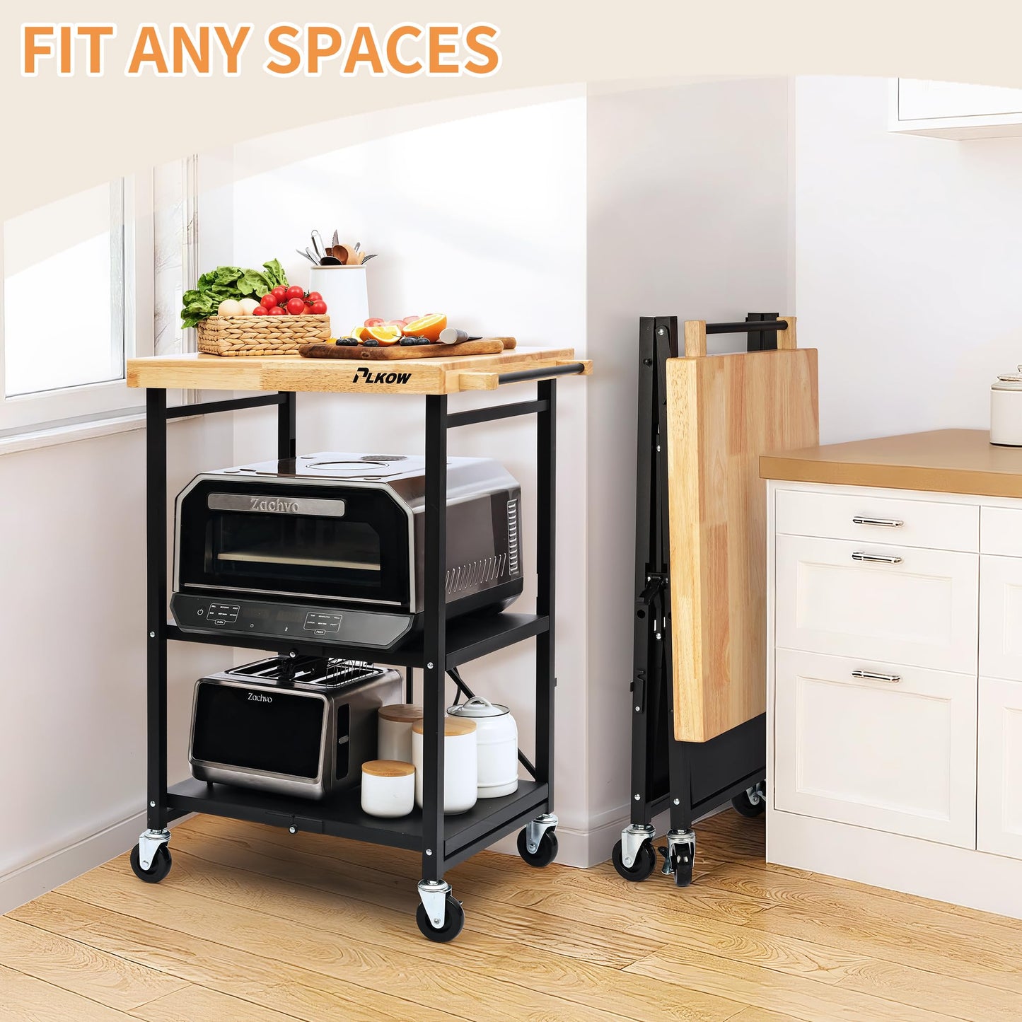 PLKOW Foldable Kitchen Cart with Solild Oak Wood Top, Rolling Kitchen Island on Wheels, 3-Tier Storage Utility Cart for Microwave, Toaster Oven, Small Spaces