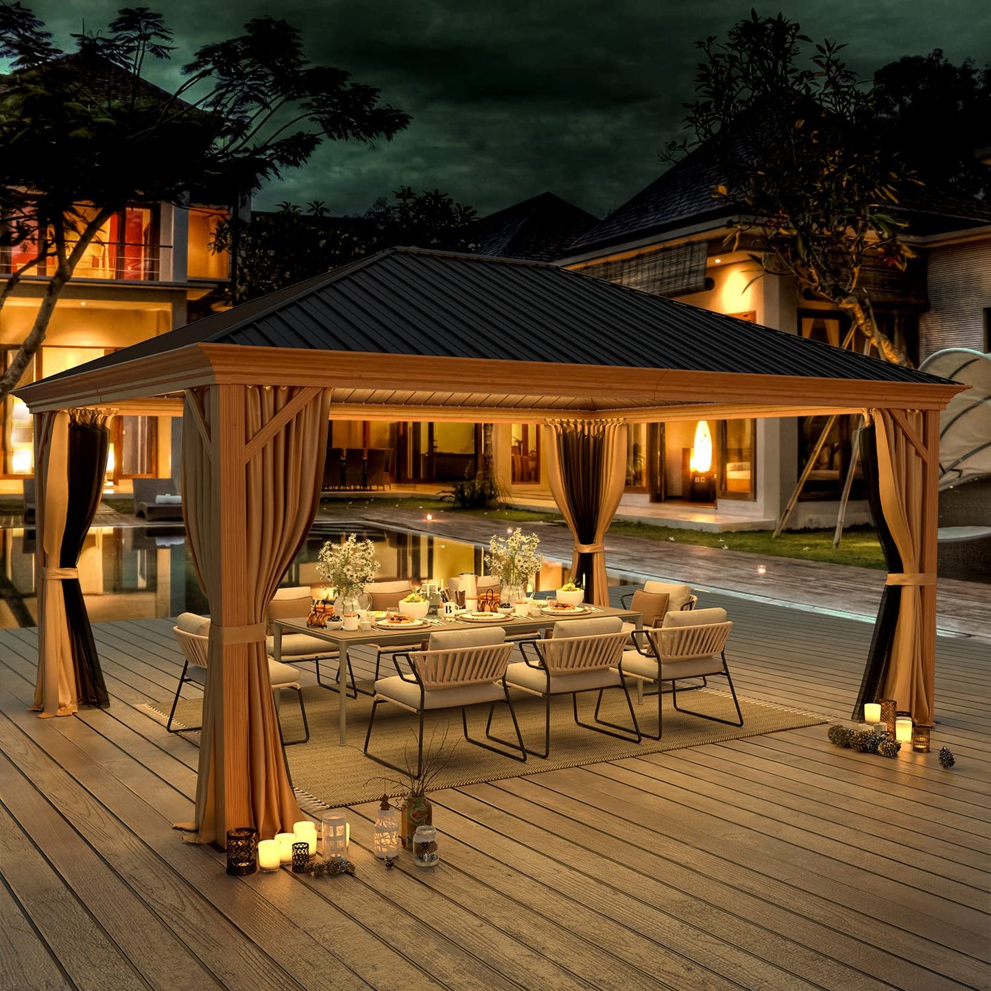 YOLENY 12' x 16' Hardtop Gazebo, Wood Looking Gazebo with Aluminum Frame and Single Galvanized Steel Roof, Outdoor Permanent Metal Pavilion with Curtains and Nettings for Deck, Backyard and Patio