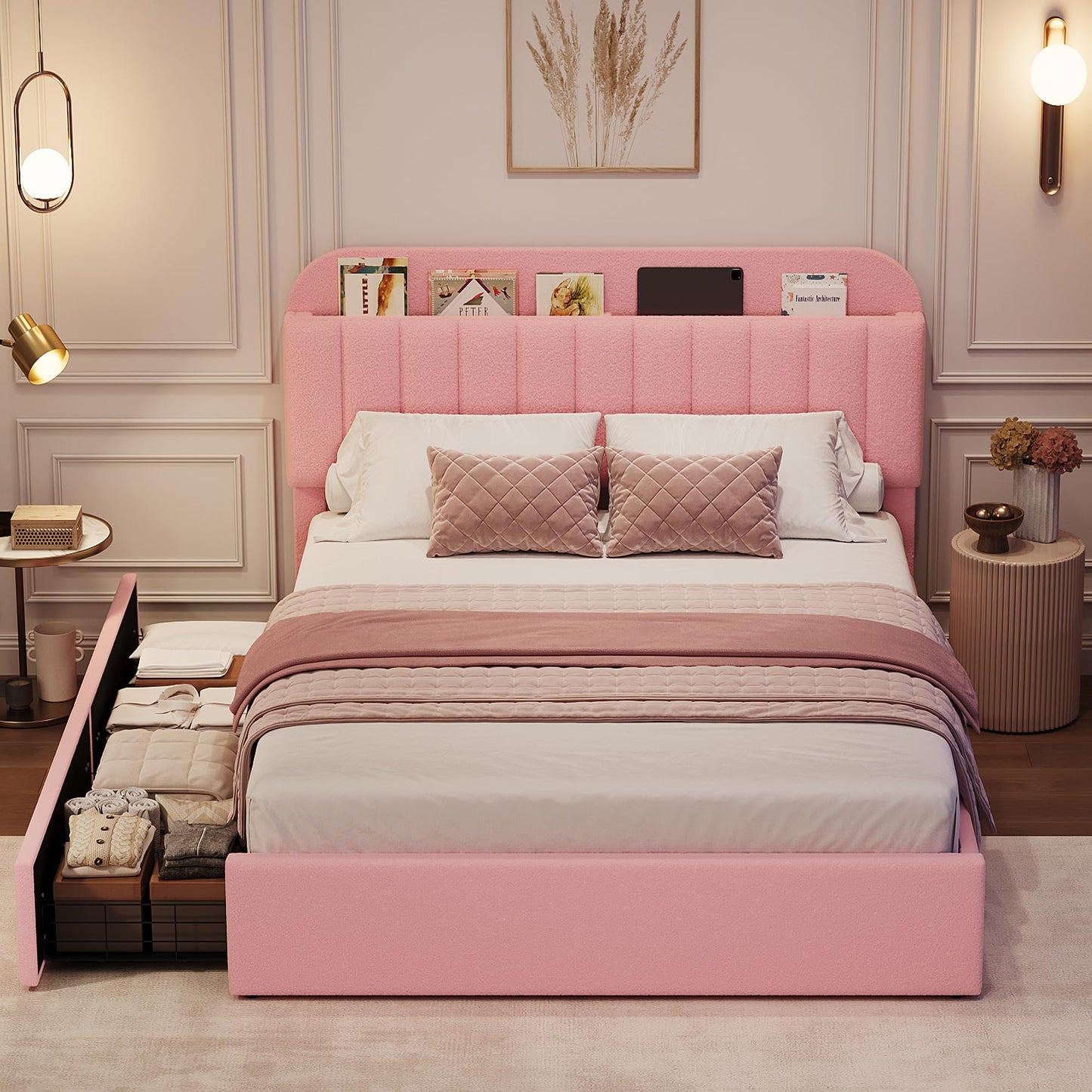 GarveeHome Queen Bed Frame with Storage Headboard, Girls Bed Frame with 2 Drawers, Boucle Upholstered Platform Bed with Bookcase, No Box Spring Needed, Easy Assembly, Light Pink