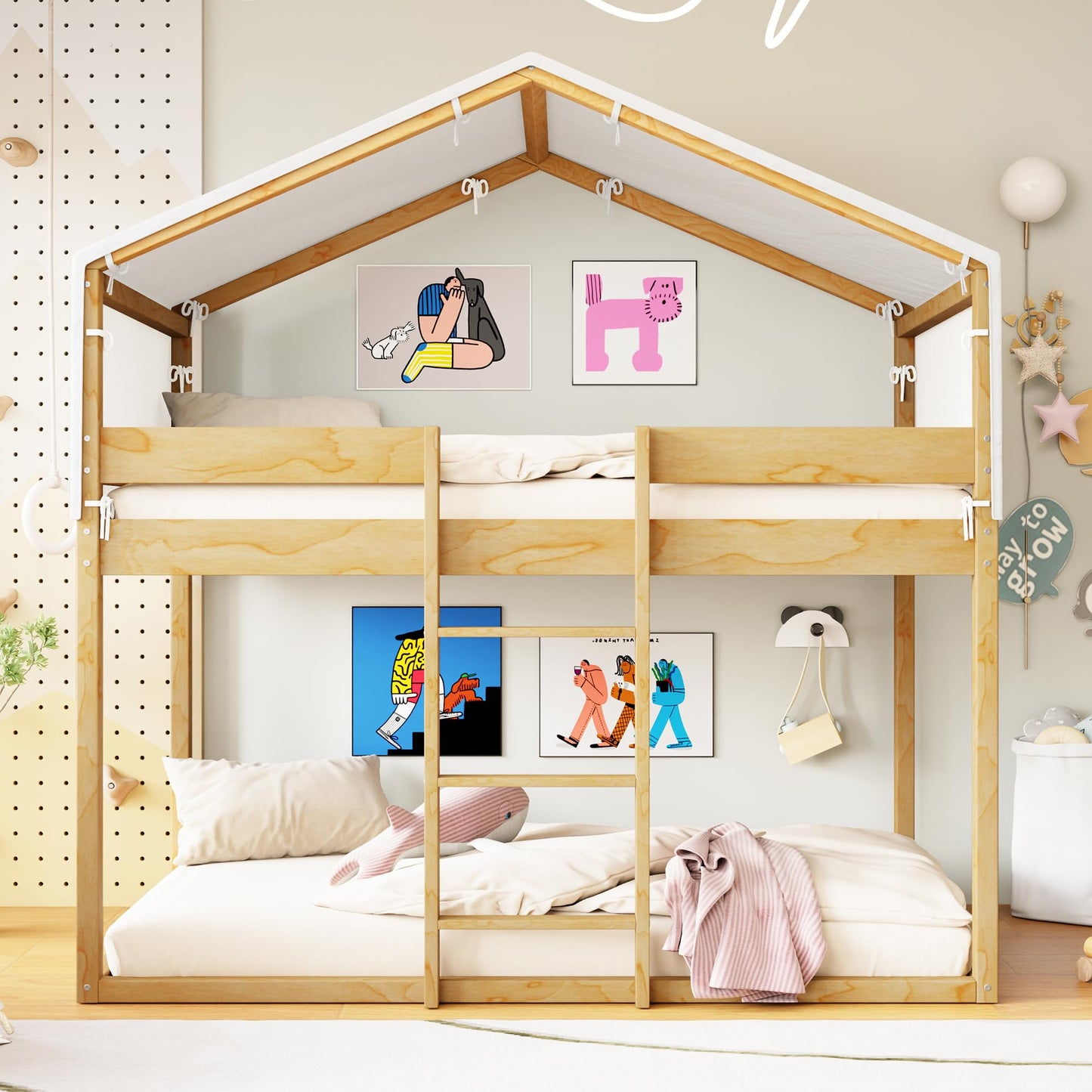 Merax Twin Over Twin Bunk Bed Wood Frame with Beige Cotton Tent,House-Shaped for Kids Toddlers Teens Girls Boys,Natural