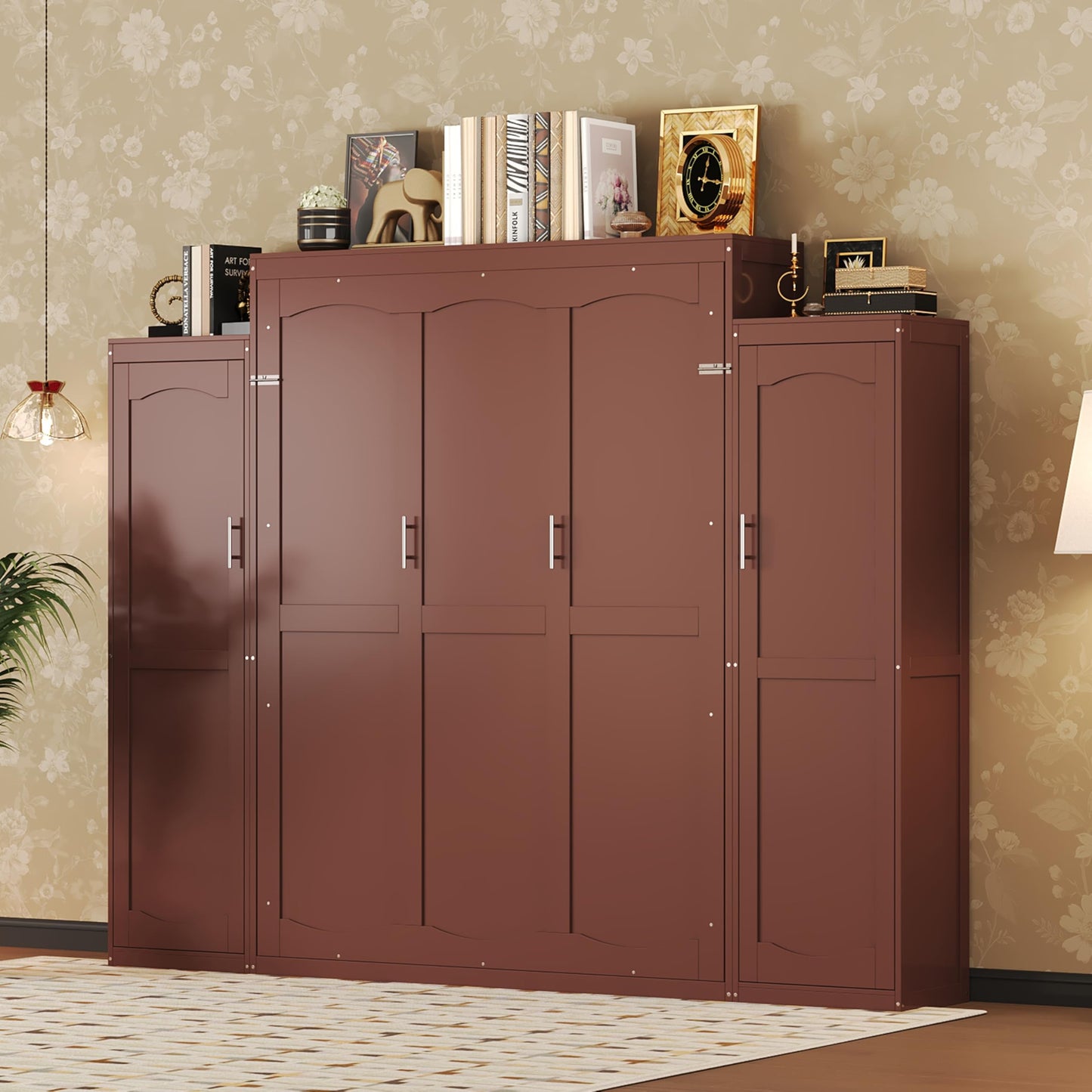 Merax Queen Size Wood Murphy Bed, with 2 Wardrobe and Storage Shelf, Multifunctional Foldable Wall Platform Bedframe for Guest-Room, Bedroom, Walnut