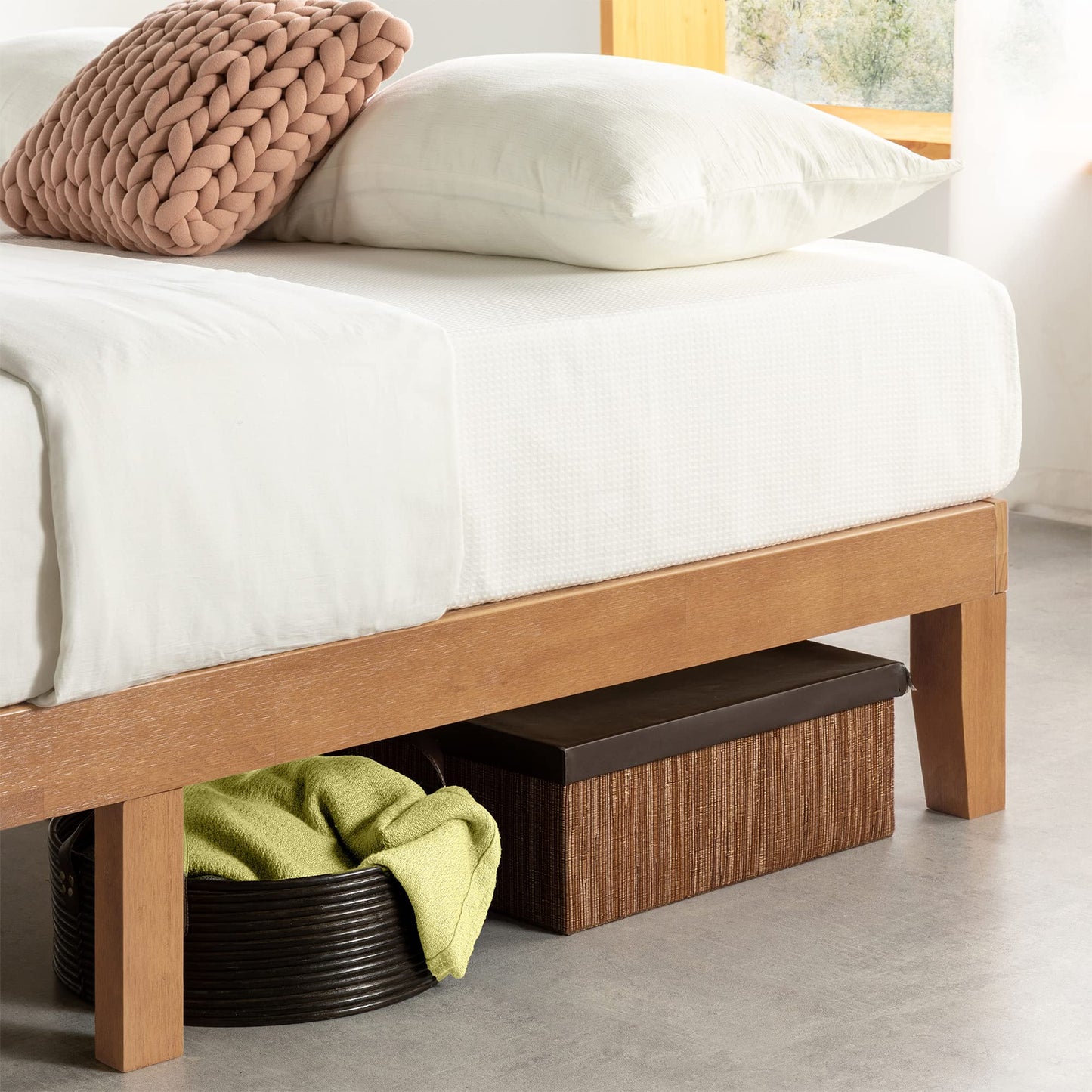 Mellow Naturalista Classic 12 Inch Solid Wood Platform Bed with Wooden Slats, Cal King, Natural Pine