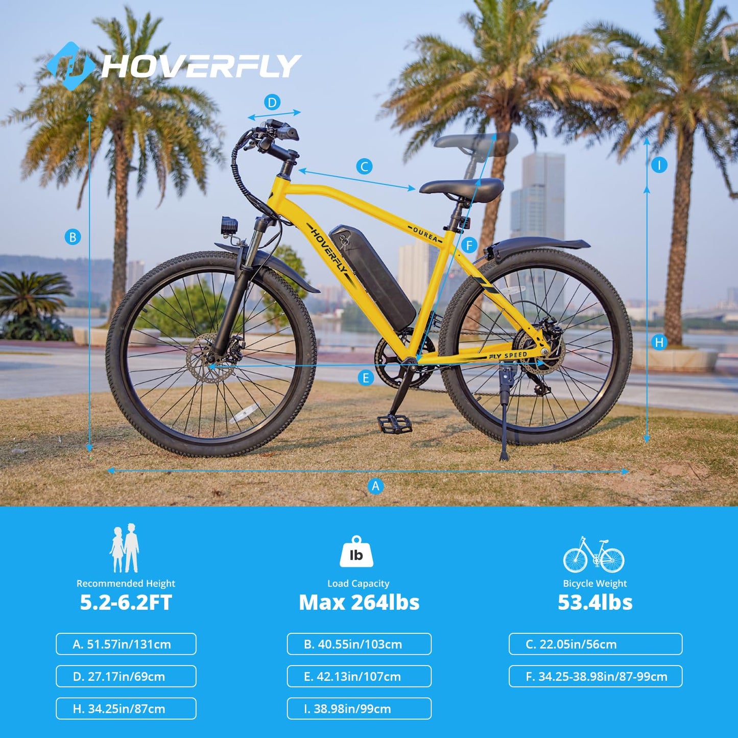 Hoverfly OUREA Electric Bike 26", 750W Peak Motor Mountain Ebike, Up to 40 Miles 20MPH Removable Battery, 7-Speed and Shock Absorber, Electric Commuter Bike for Adults Yellow