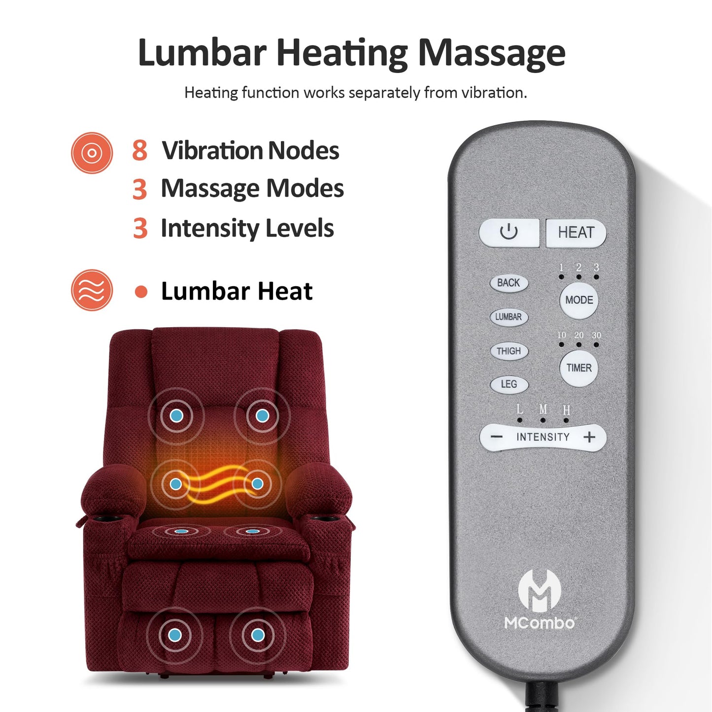 MCombo Dual Motor Power Lift Recliner Chair with Massage and Heat for Elderly People, Infinite Position, USB Ports, Cup Holders, Fabric 7890 (Medium, Burgundy)