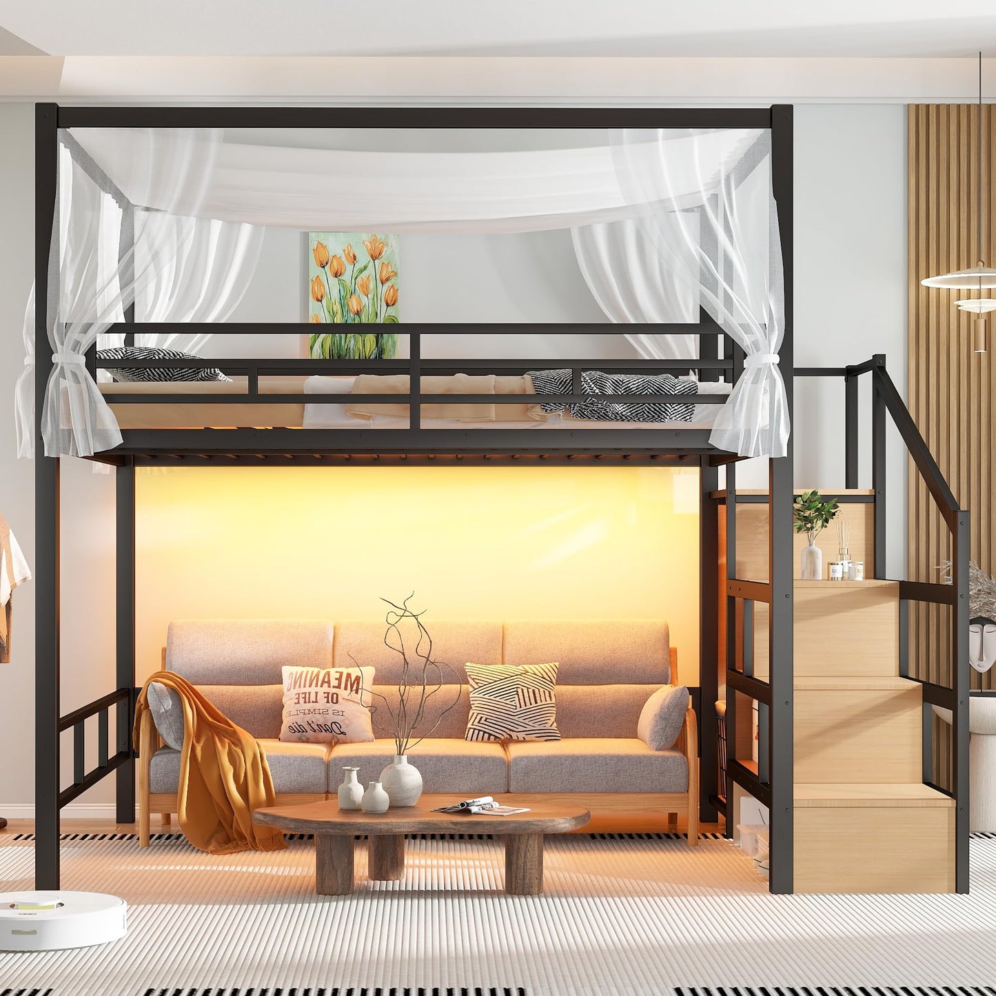 Bellemave Queen Size Loft Bed with Stairs and Wardrobe,Heavy Duty Metal Loft Bed Frame with Canopy for for Kids,Teens,Adults,Natural Wood