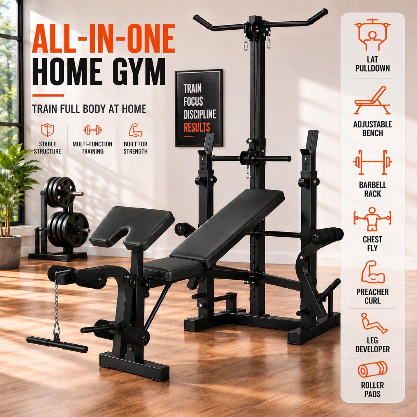 Weight Bench Set with Leg Extension & Preacher Curl Pad, 9-In-1 Adjustable Workout Bench Press with LAT Pulldown, Butterfly Arms & Squat Rack, Multi-Function Strength Training Equipment for Home Gym